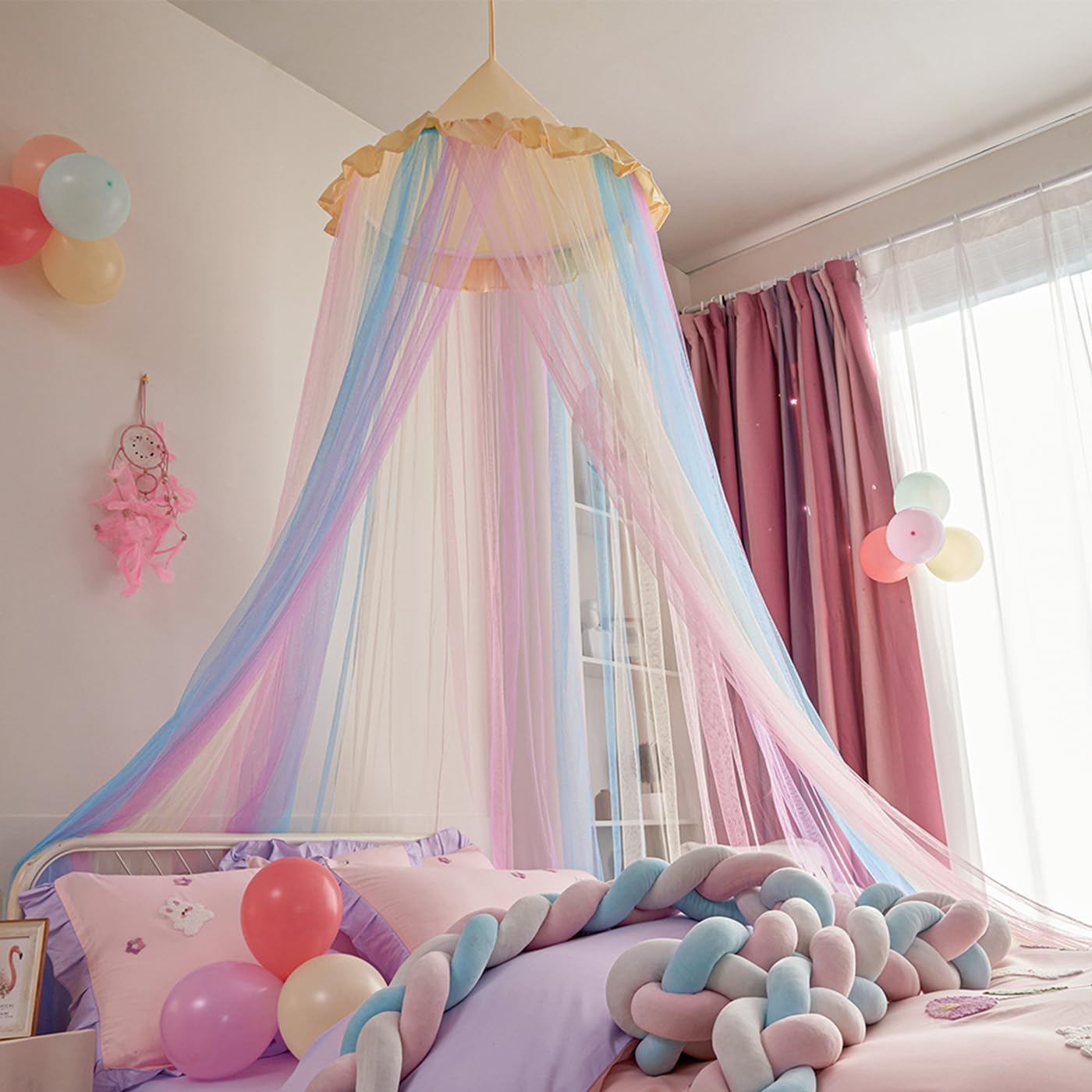 Rainbow Bed Canopy for Girls, Ruffles Mosquito Net with Dust-Proof round Dome Kids Dreamy Princess Bed Canopy Netting Room Crib Bed Curtains Camp Decor Accessories Child Reading Corners Ceiling Tent