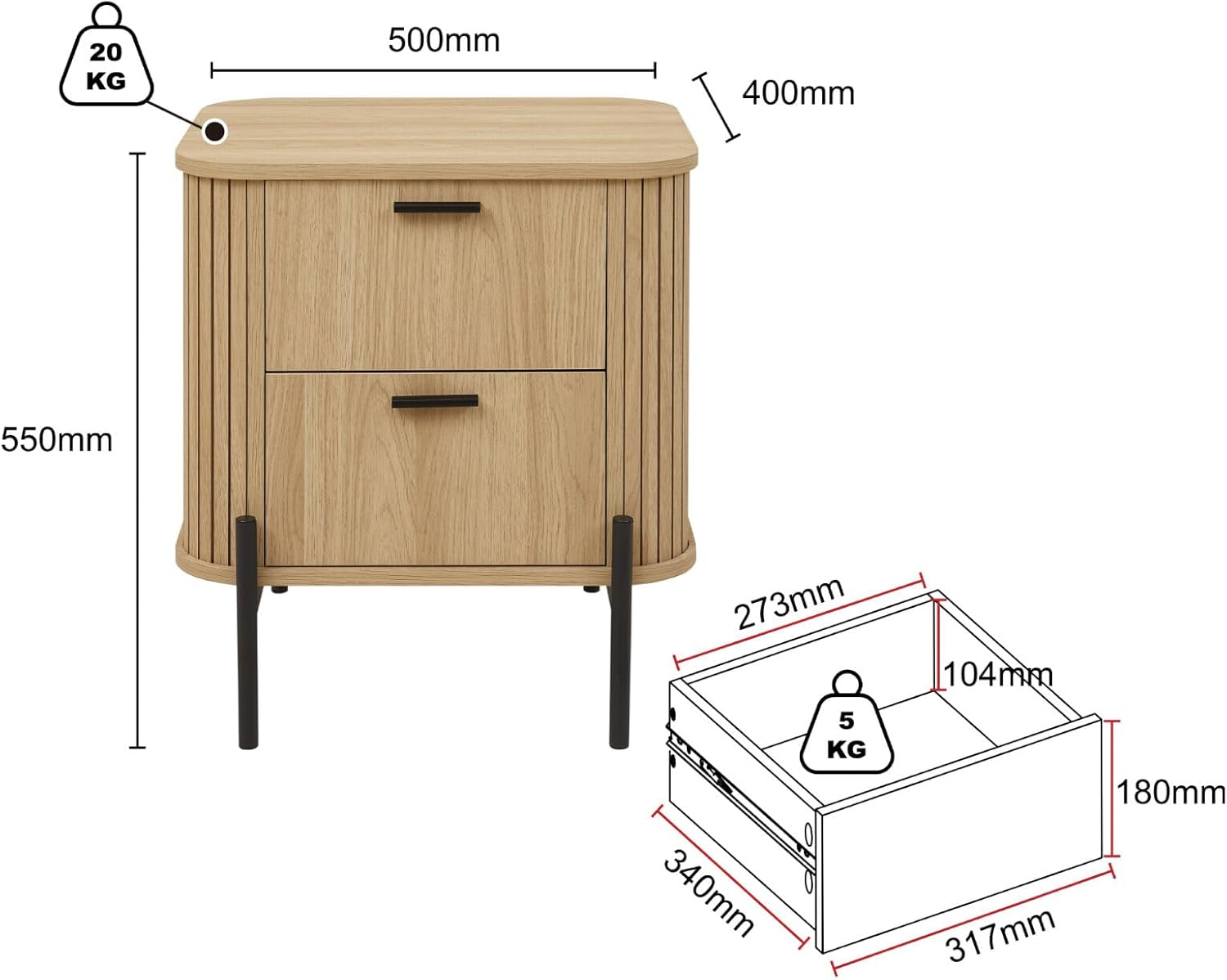 Merryluk Fluted Bedside Table with 2 Drawers Dresser, Modern Wood Chest of Bedside Table with Curved Profile, Fluted Dresser & Wood Drawer Organizer for Bedroom image number 2