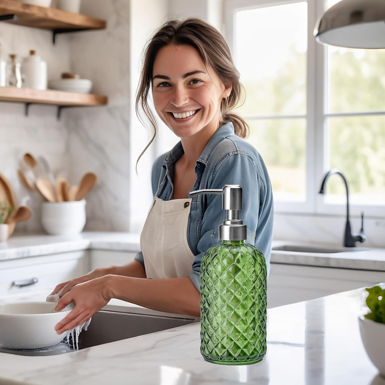 AXIM Glass Soap Dispenser with Stainless Steel Pump, 400Ml Refillable Lotion Soap Bottle, Dish & Hand Soap Dispenser, Home Decoration (2 Pc/Blue) image number 2