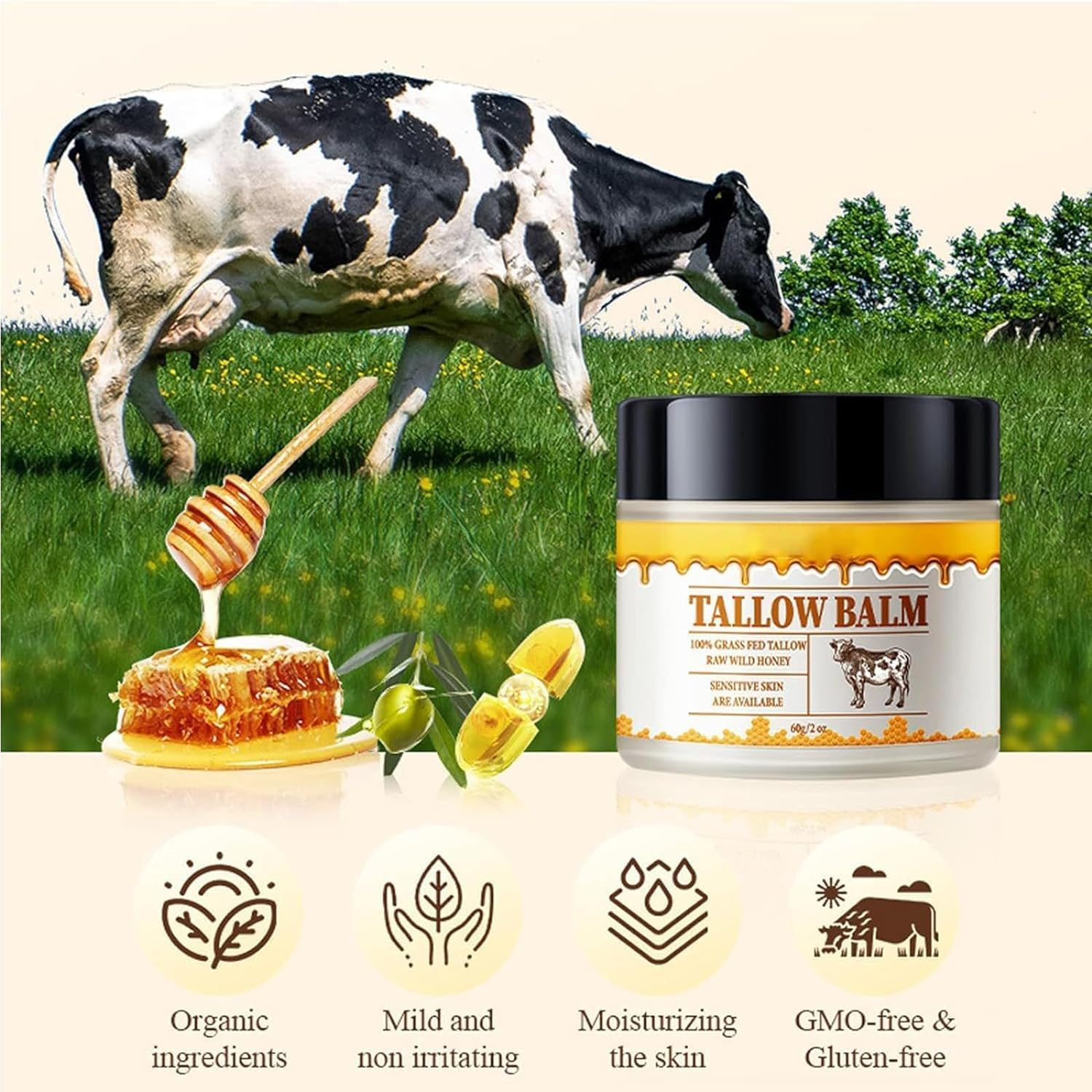 Beef Tallow and Honey Balm for Skin: Premium Tallow Honey Skin Balm (2 Oz) - Grass-Fed Beef Tallow & Raw Wild Honey Blend - All-Natural Moisturizer for Face & Body, Tallow Balm for Skin Hydration (2) image number 3