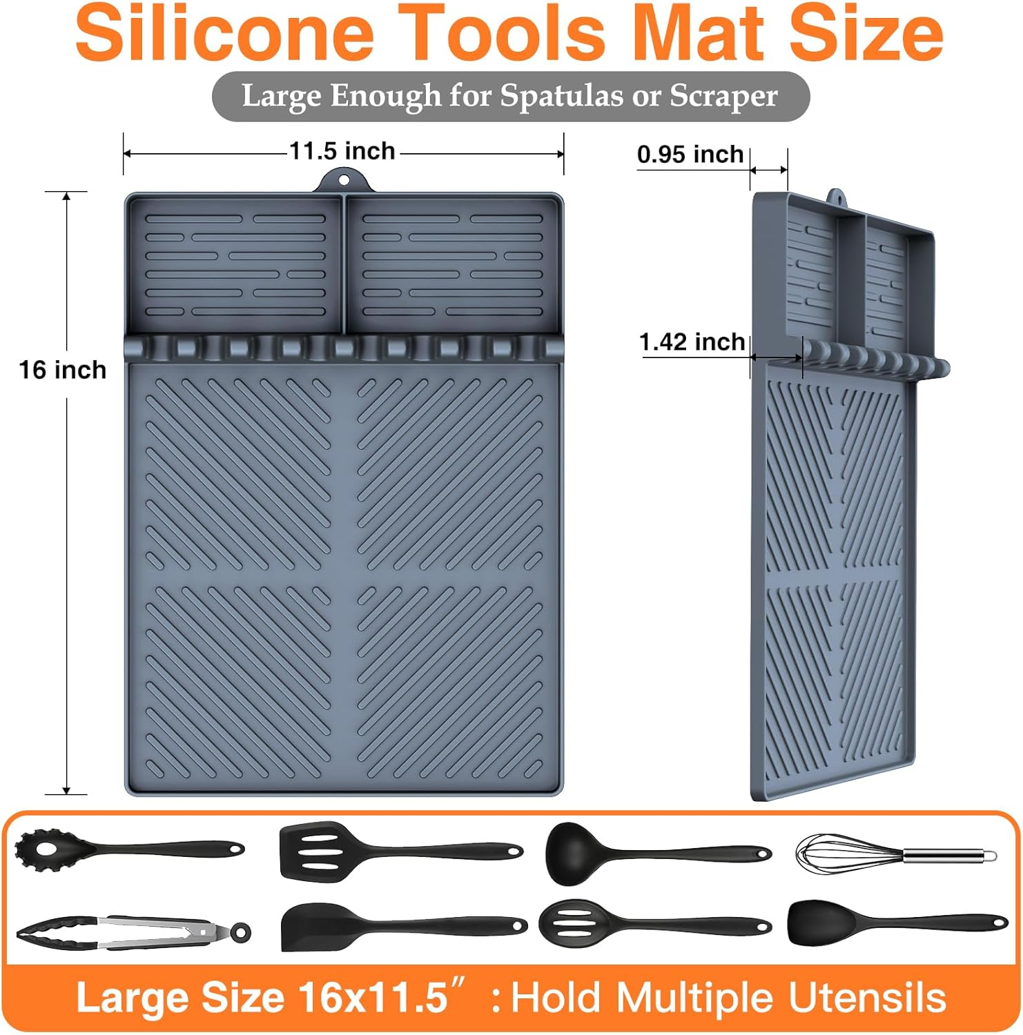 Silicone Griddle Tools Mat for Blackstone, Griddle Accessories Side Shelf Mat Grill Pad with Drip Pad (Grey) - Black (2Packs) image number 6