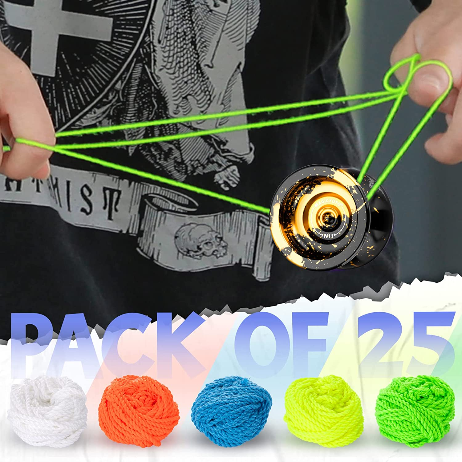 MAGICYOYO 100% Polyester Professional Yoyo Strings for Responsive and Non Responsvie Yoyos - Pack of 25Blue Green Whiteyellow Orange image number 5