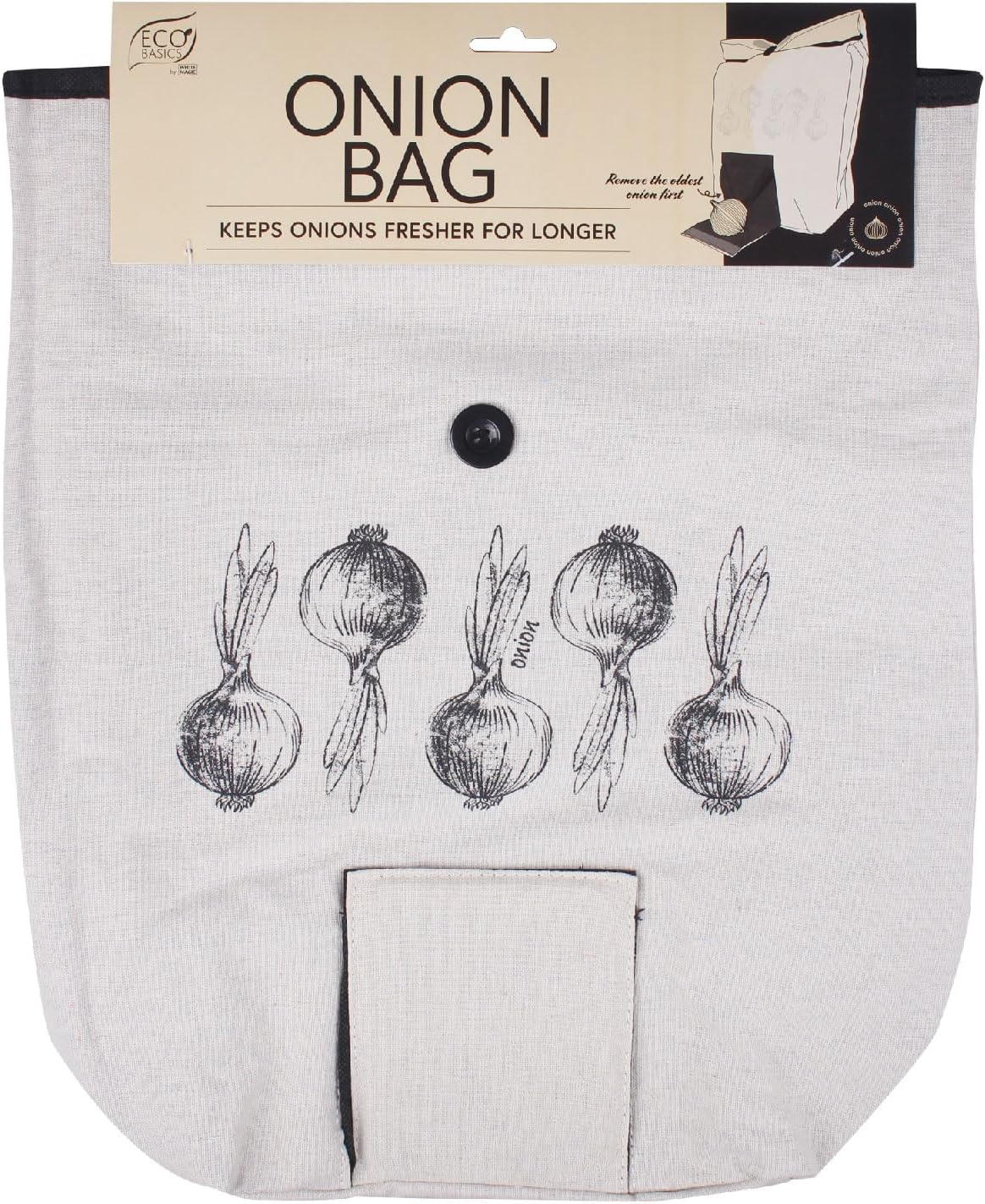 Eco Basics Onion Bag &ndash; Breathable Linen-Look Fabric, Blackout Lining, Easy Access Front Flap, Roll-Over Button Tie, 37 X 42 Cm, Ideal for Fresh Onion Storage & Reduced Waste image number 1