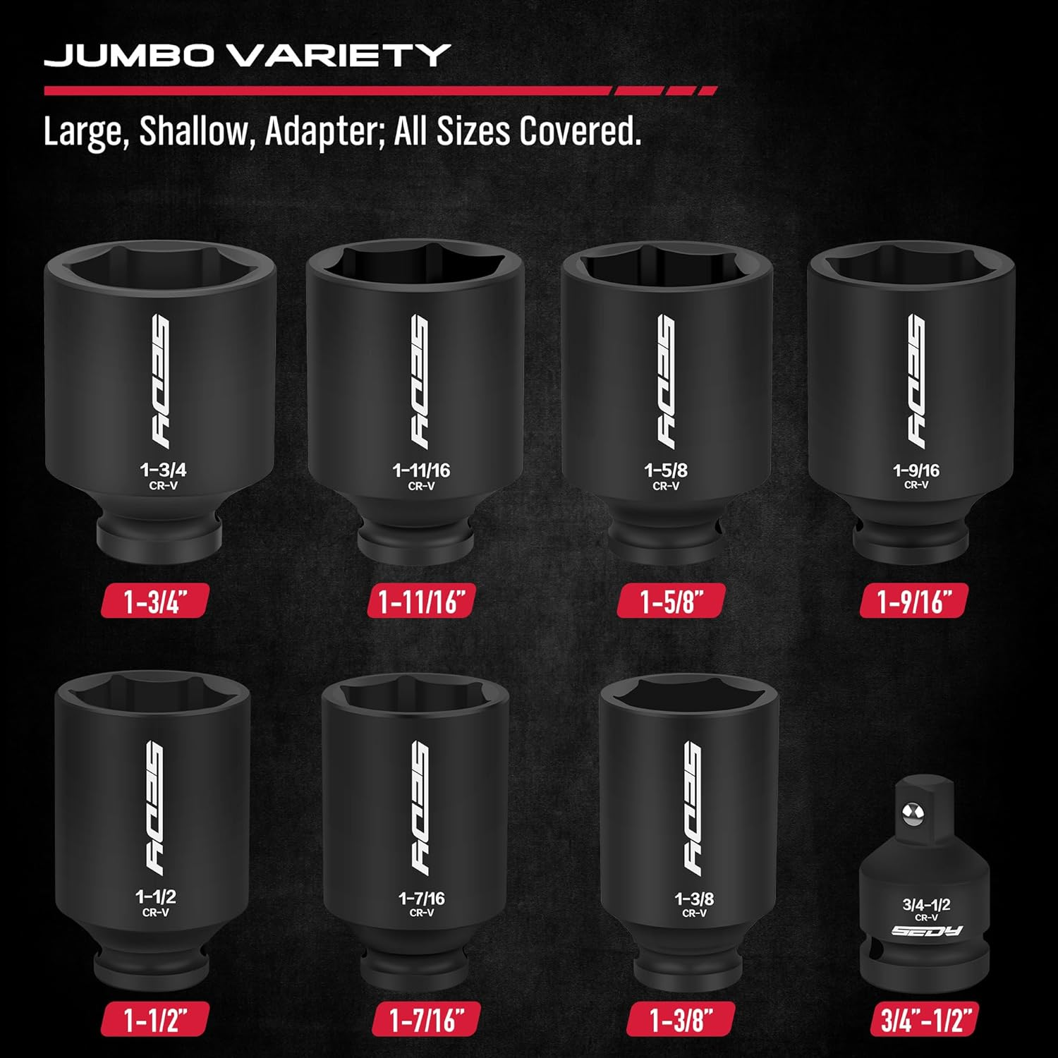SAE Deep Impact Socket Set 8-Piece 1/2-Inch Drive Wheel Axle Nut Wrench Large Sockets Standard Adapter 1-11/16 1-9/16 1-3/8 1-7/16 1-1/2 1-5/8 1-3/4 Imperial Spindle Joint Torque Bearing Locknut Truck image number 4