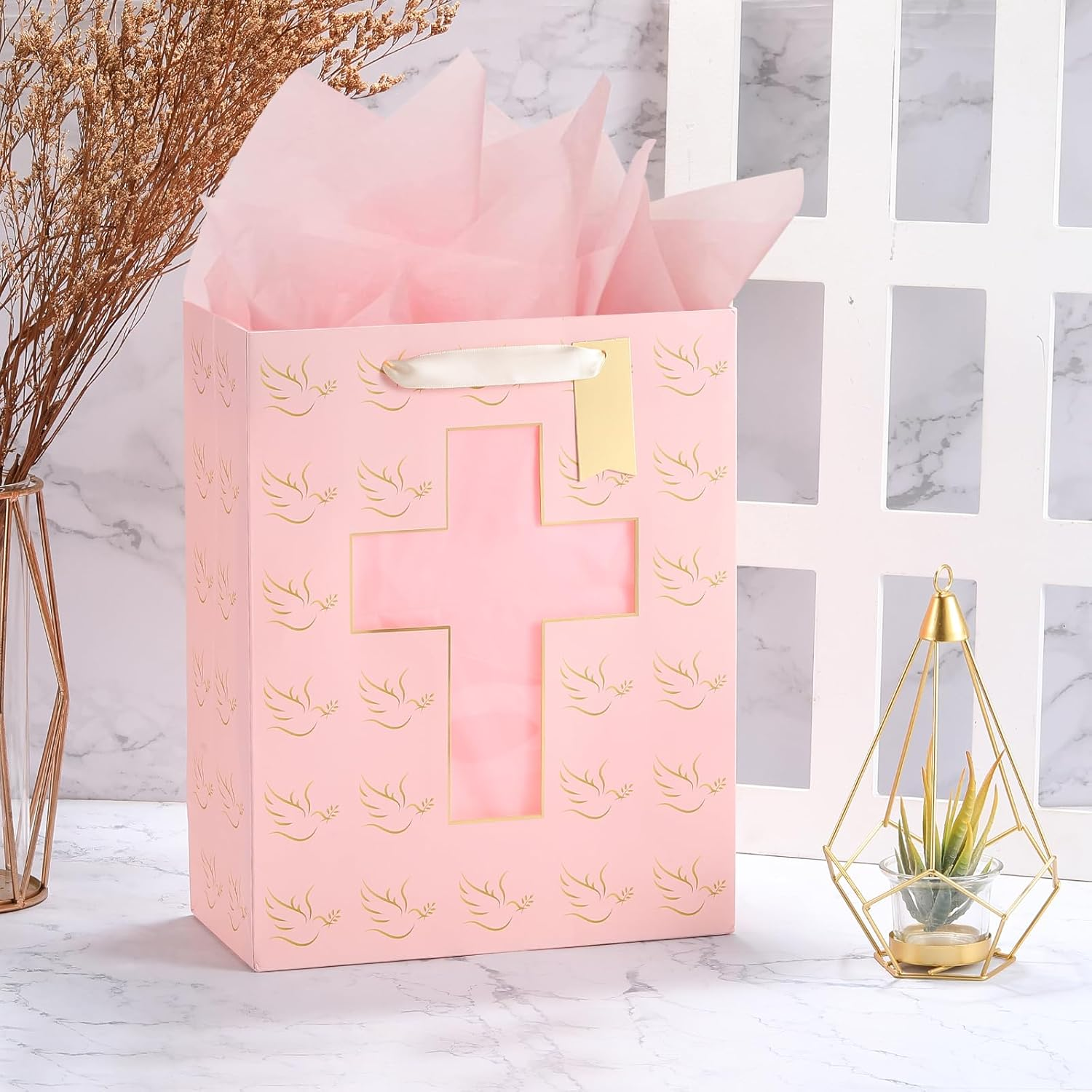 Sawnfay Pink Gift Bag - 25.3 X 12.7 X 33Cm, Baptism Gifts for Baby Girl, Christening, First Communion, Religious Events, with Cross Cut Window Design and Tissue Paper image number 2