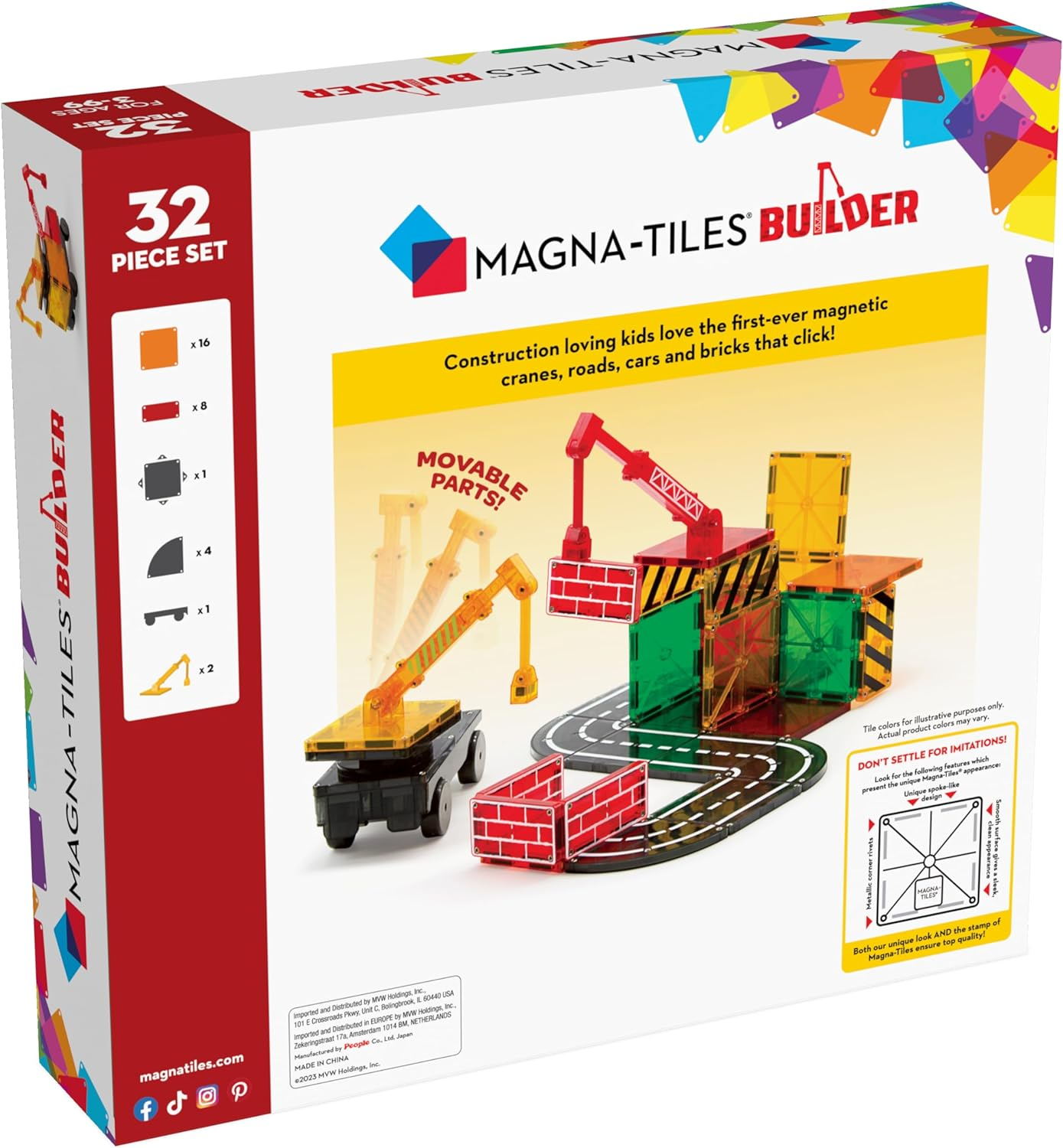 Magna-Tiles Builder 32-Piece Magnetic Construction Set &ndash; Magnetic Road & Crane Tiles for Creative STEM Building, Educational Open-Ended Play Toy for Kids Ages 3+ image number 1