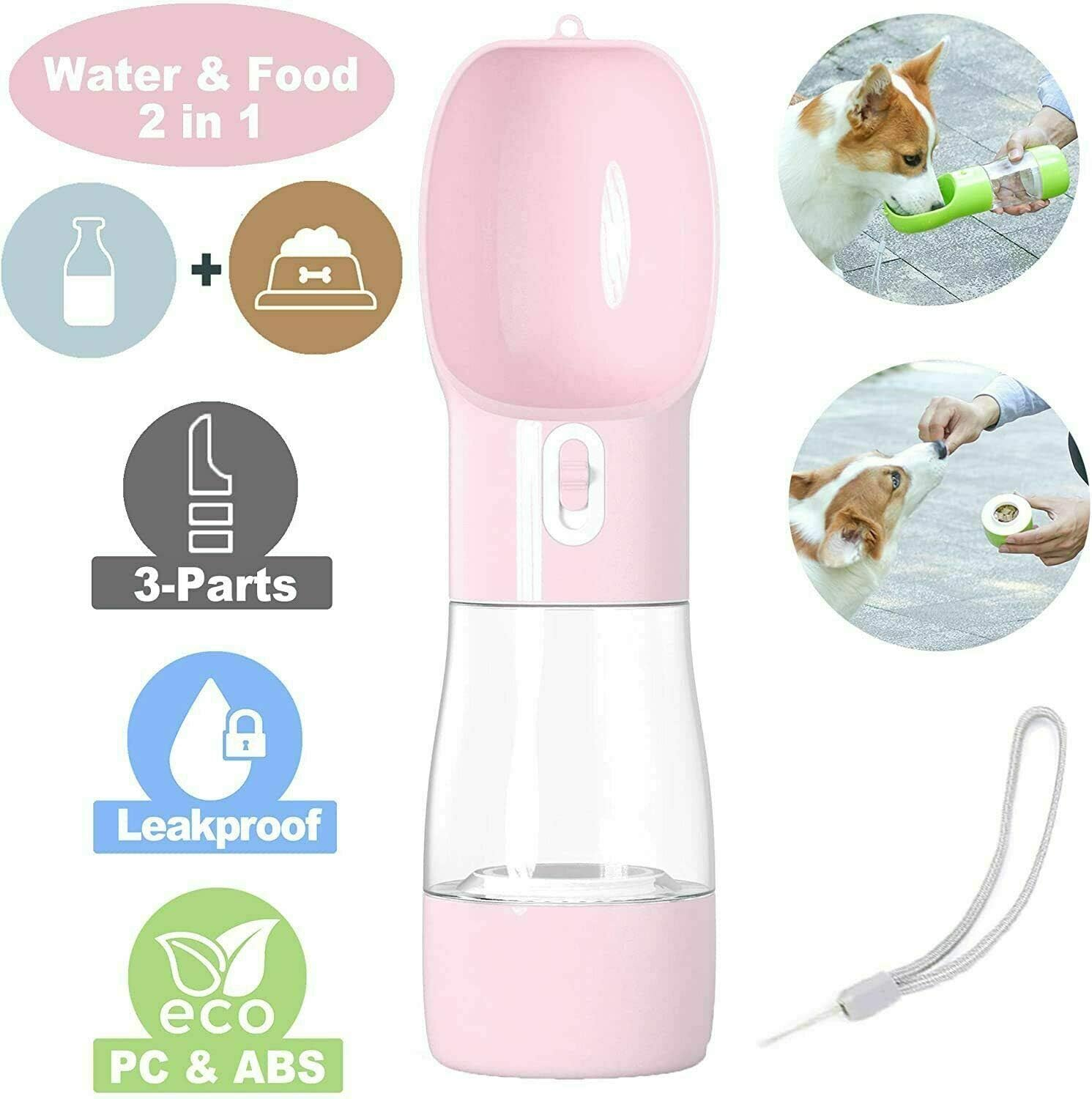 2 In1 Puppy Dog Cat Pet Water Bottle Cup Drinking Travel Outdoor Portable Feeder Bpa-Free Plastic for Outdoor Walking, Hiking, Travel (Pink)