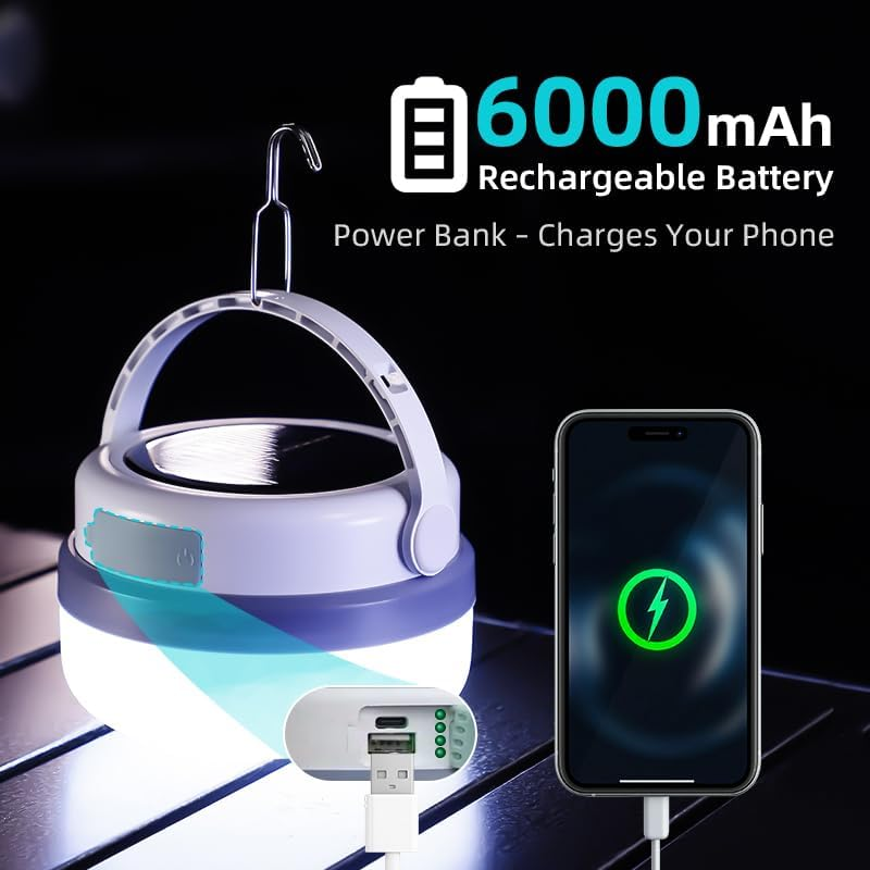 Portable Camping Light - Ultra Bright, 6000Mah Solar & USB Rechargeable, Power Bank Function, Waterproof, Detachable Battery, Power Display Ideal for Emergency, Tent, Outdoor, Power Outages image number 3