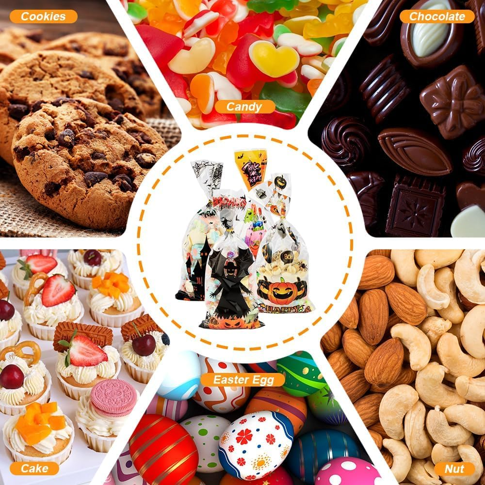 Halloween Treat Bags Halloween Candy Bags Halloween Cellophane Treat Bags 200PCS Halloween Cello Cookies Goodie Gift Snacks Bags with Twists Tie for Halloween Trick or Treat Party Favors Supplies image number 3