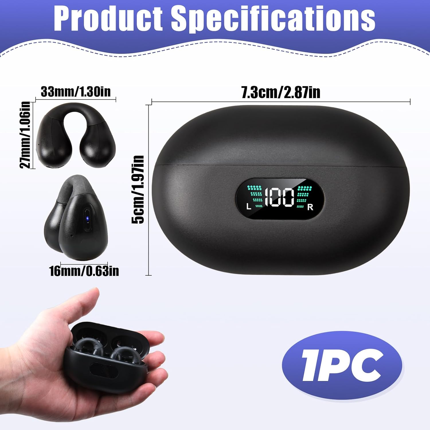 Open Ear Headphones, Bluetooth 5.3 Clip-On Open-Ear Earbuds with LED Display, 36-Hour Battery, Hi-Fi Stereo Sound, IPX4 Waterproof, Lightweight for Running, Workout, Dual Connection, No Sound Leakage image number 1