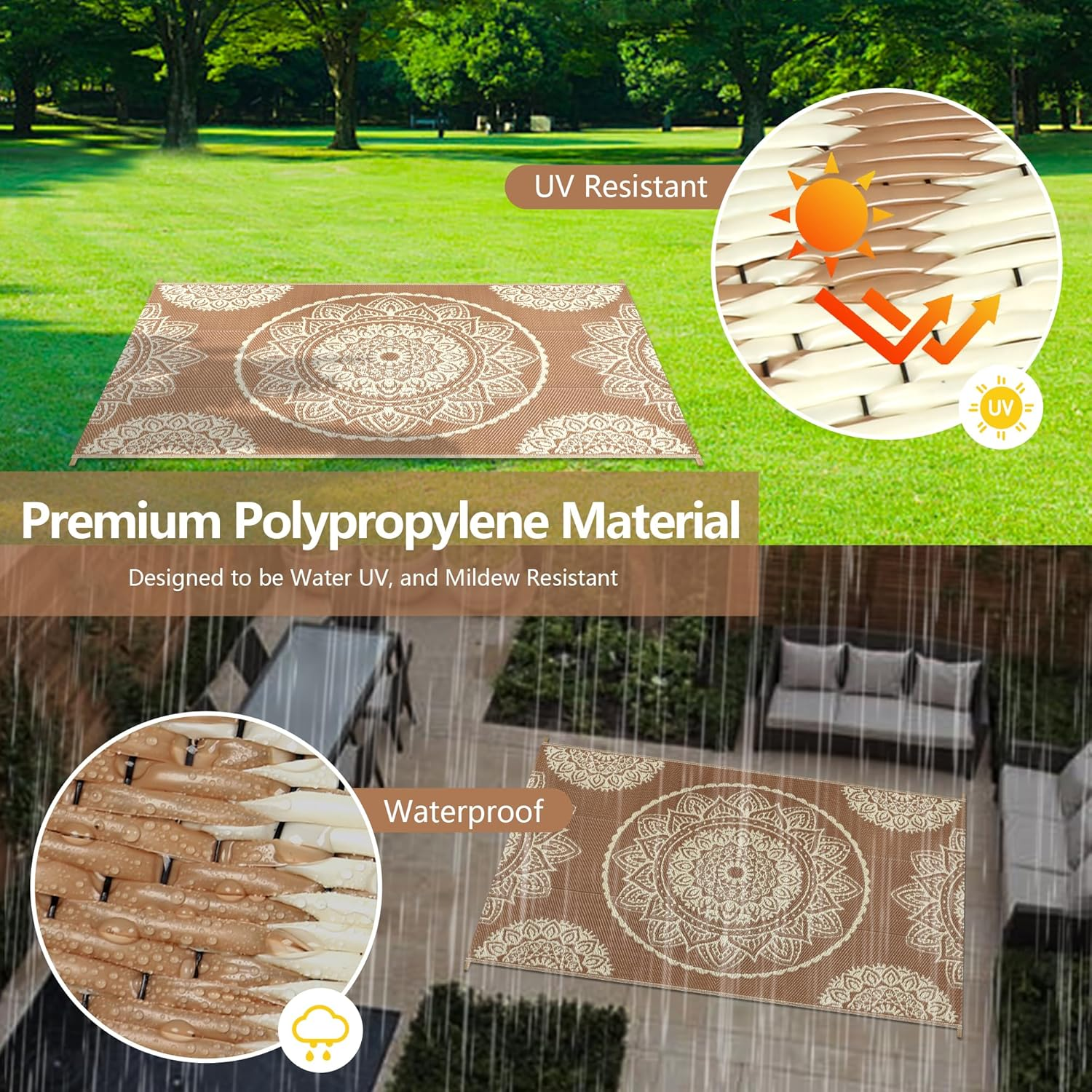 Famibay Outdoor Rug Waterproof Plastic Straw Garden Rugs Reversible Outdoor Rug 120 X 180 Cm Patio Carpet UV Resistant Portable Indoor Area Rug for RV Balcony Picnic Brown Beige image number 4