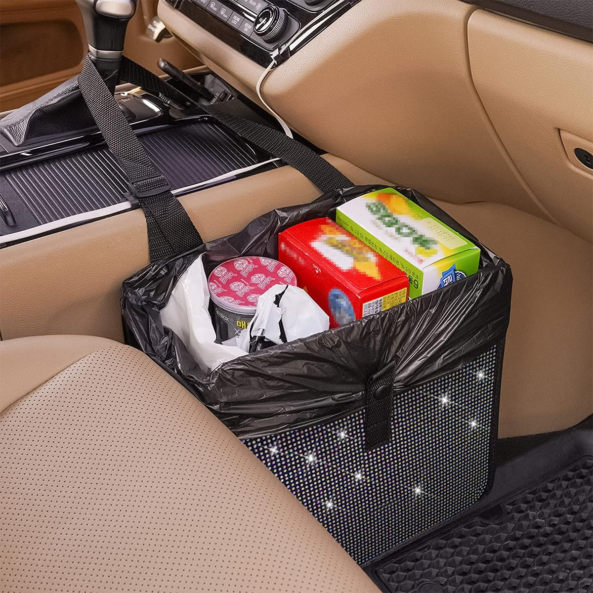 BELOMI Car Foldable Trash Can, Bling Rhinestone Crystal Auto Hanging Waterproof Leakproof Garbage Bin, Vehicle Waste Basket Dustbin, Multipurpose Car Organizer Accessories for SUV Truck RV (Black) image number 6