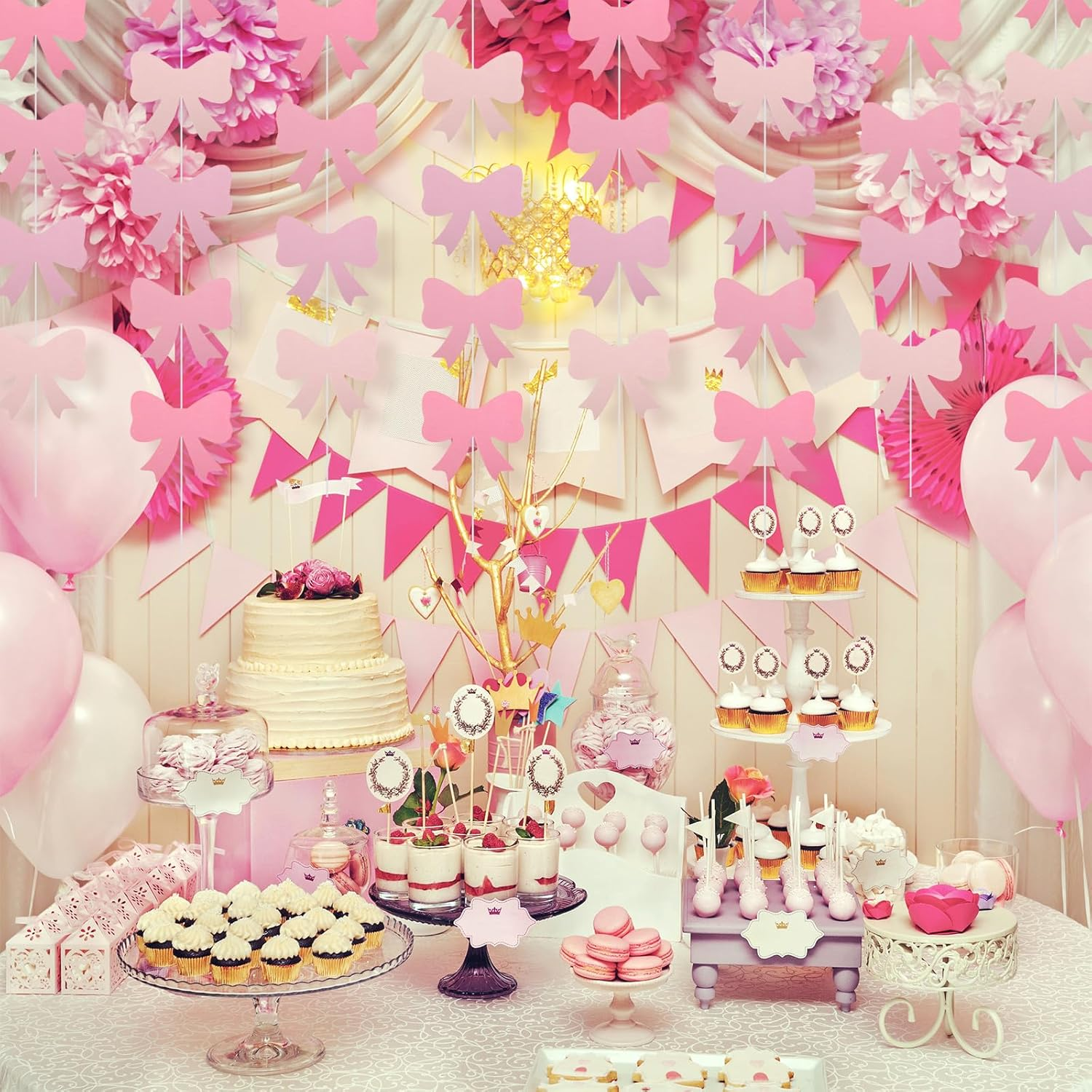 Coquette 8Pcs Pink Bow Hanging Banners - Birthday Decorations, Bow Garland, Themed Party Decor