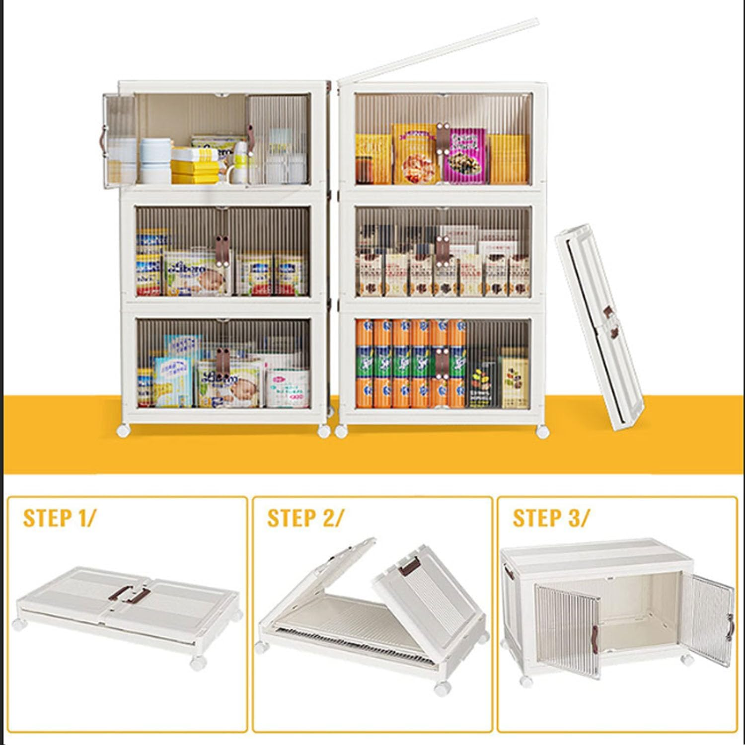 3 Pack Folding Storage Bins with Lid, Closet Organizers and Storage with Doors, Plastic Stackable Storage Bins Folding Storage Box Collapsible Trunk Storage Bin with Wheels, Opening Storage Boxes Set image number 2