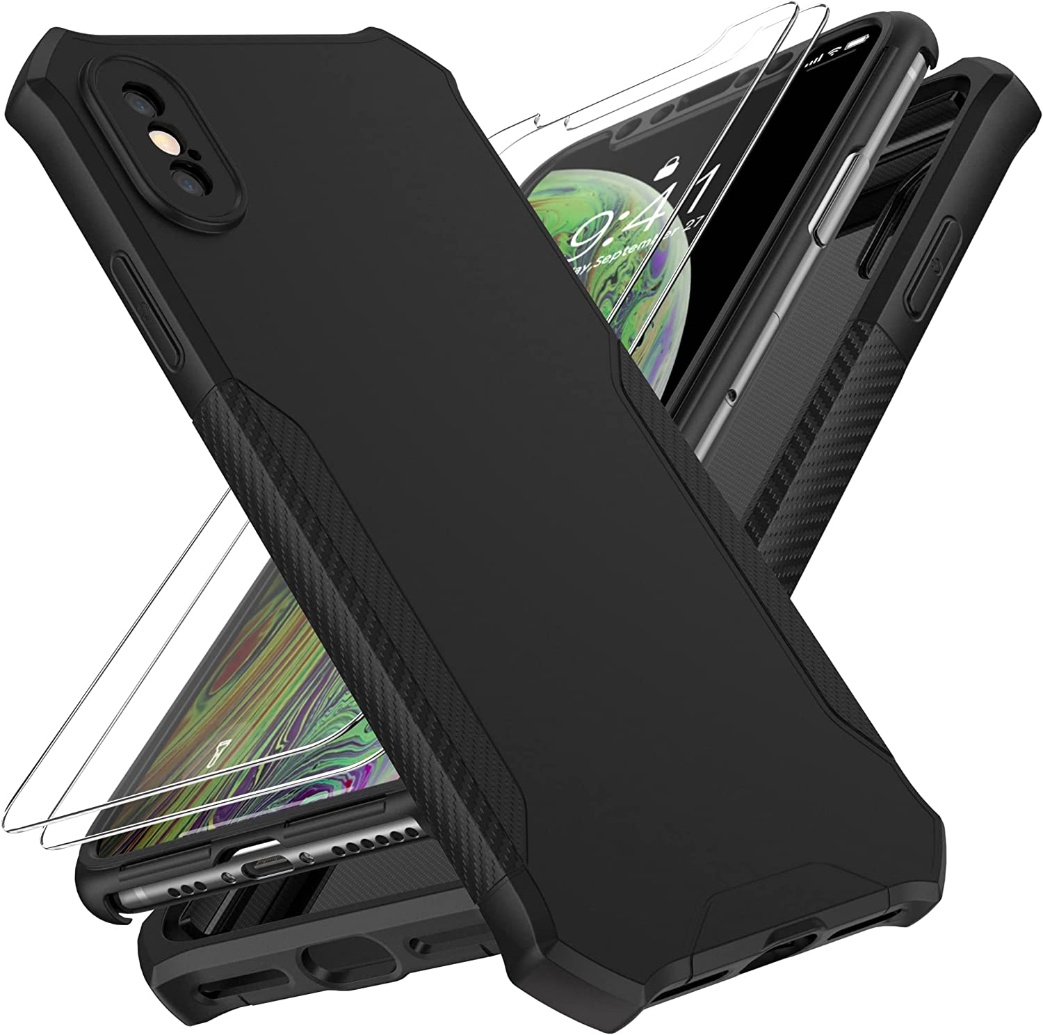 Oretech Designed for Iphone X/Iphone Xs Case with [2 X Tempered Glass Screen Protector] [Full Camera Lens Protection] Square Edge Shockproof Anti-Slip Phone Case Cover for Iphone X/XS Case-5.8" Black