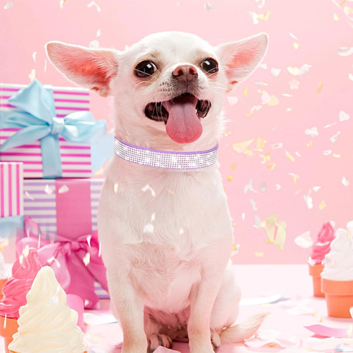 Rhinestone Dog Collar Pretty Rainbow Bling Fancy Dog Collars Soft Leather Pet Puppy Necklace (Lavender, M) image number 4