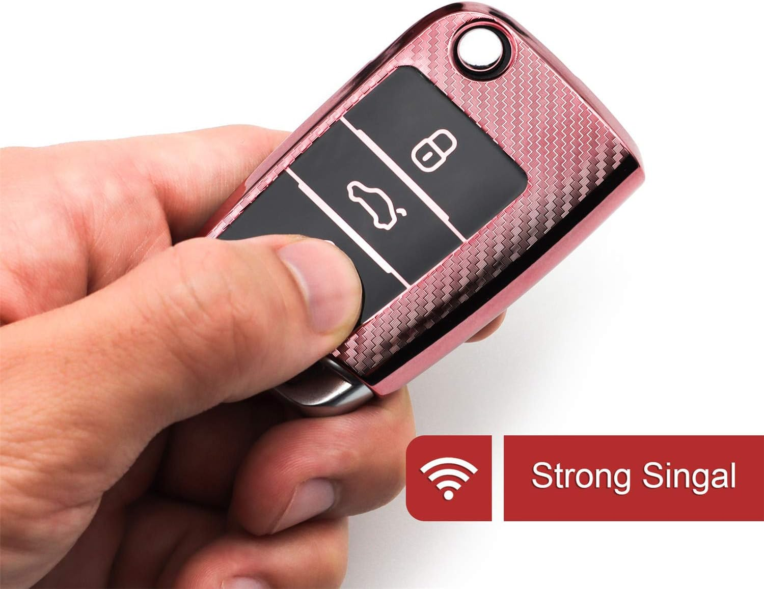 M.Jvisun Soft Carbon Fiber Finish Car Key Fob Cover for Volkswagen Atlas Golf Jetta Polo for Tiguan for Skoda Kodiaq Karoq for Audi A1 for Seat Ateca Leon Flip Key TPU Case with Keychain - Pink image number 2