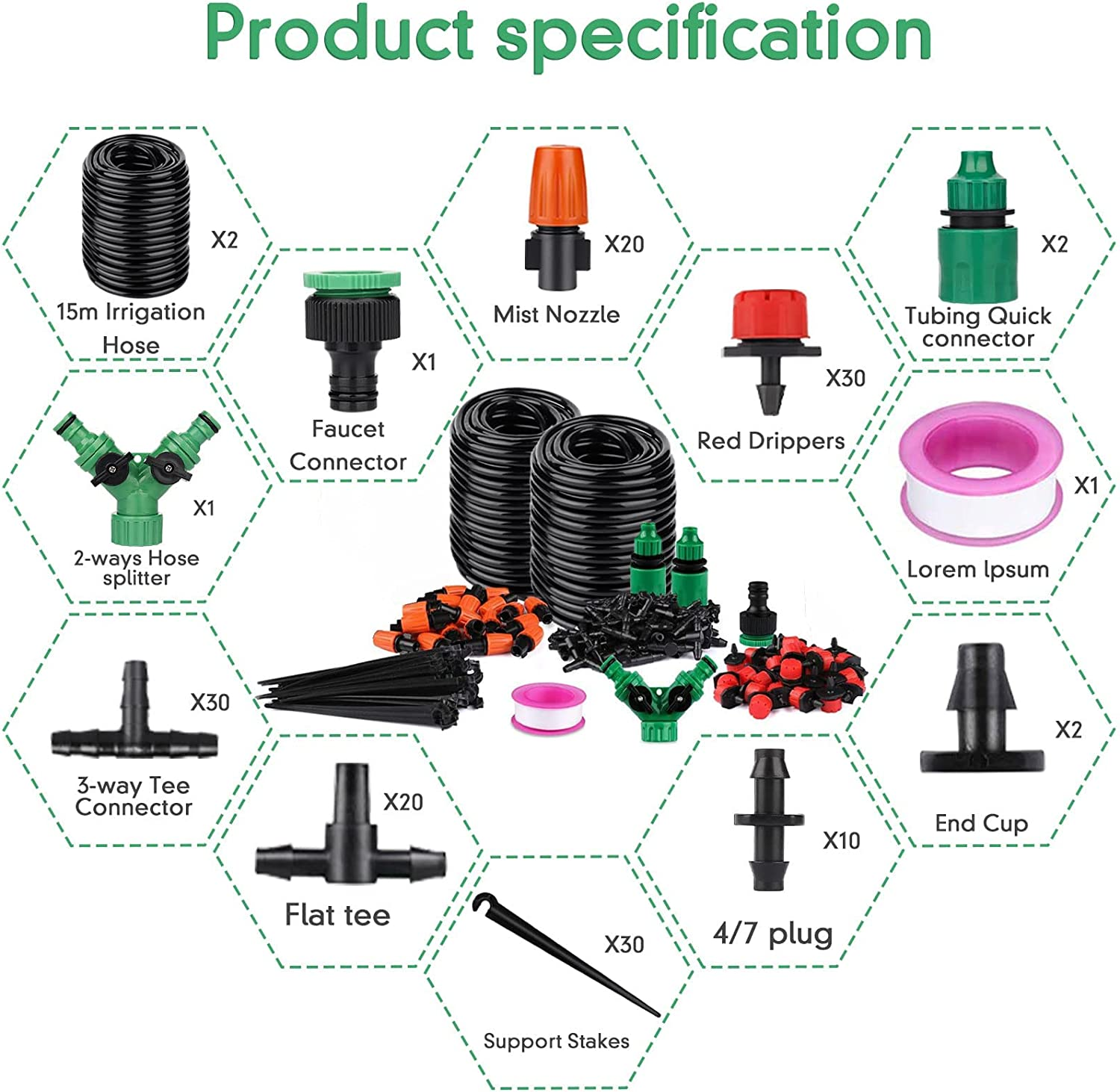 Drip Irrigation Kit, 100Ft/30M Mist Irrigation Kit Garden Watering Automatic System DIY Irrigation Tubing Kits with Hose Atomizing Nozzles Drippers Drip Connectors, for Flower Bed, Lawn, Patio Plants image number 2