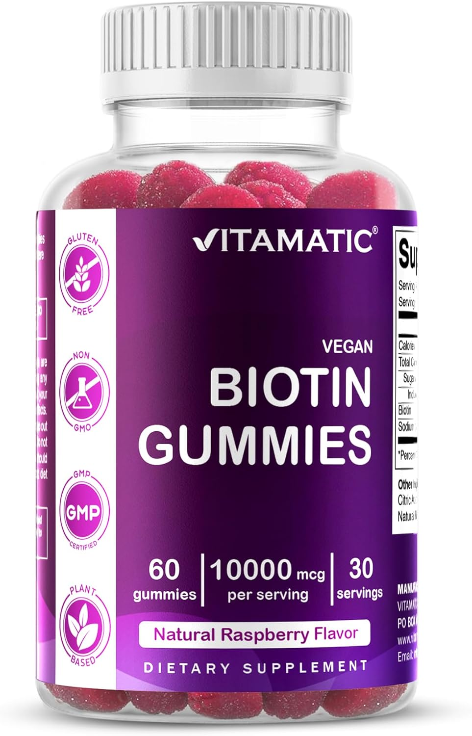 Vitamatic Biotin Gummies 10,000 Mcg for Stronger Hair, Skin & Nails - 60 Vegan Gummies - Also Called Vitamin B7 image number 1