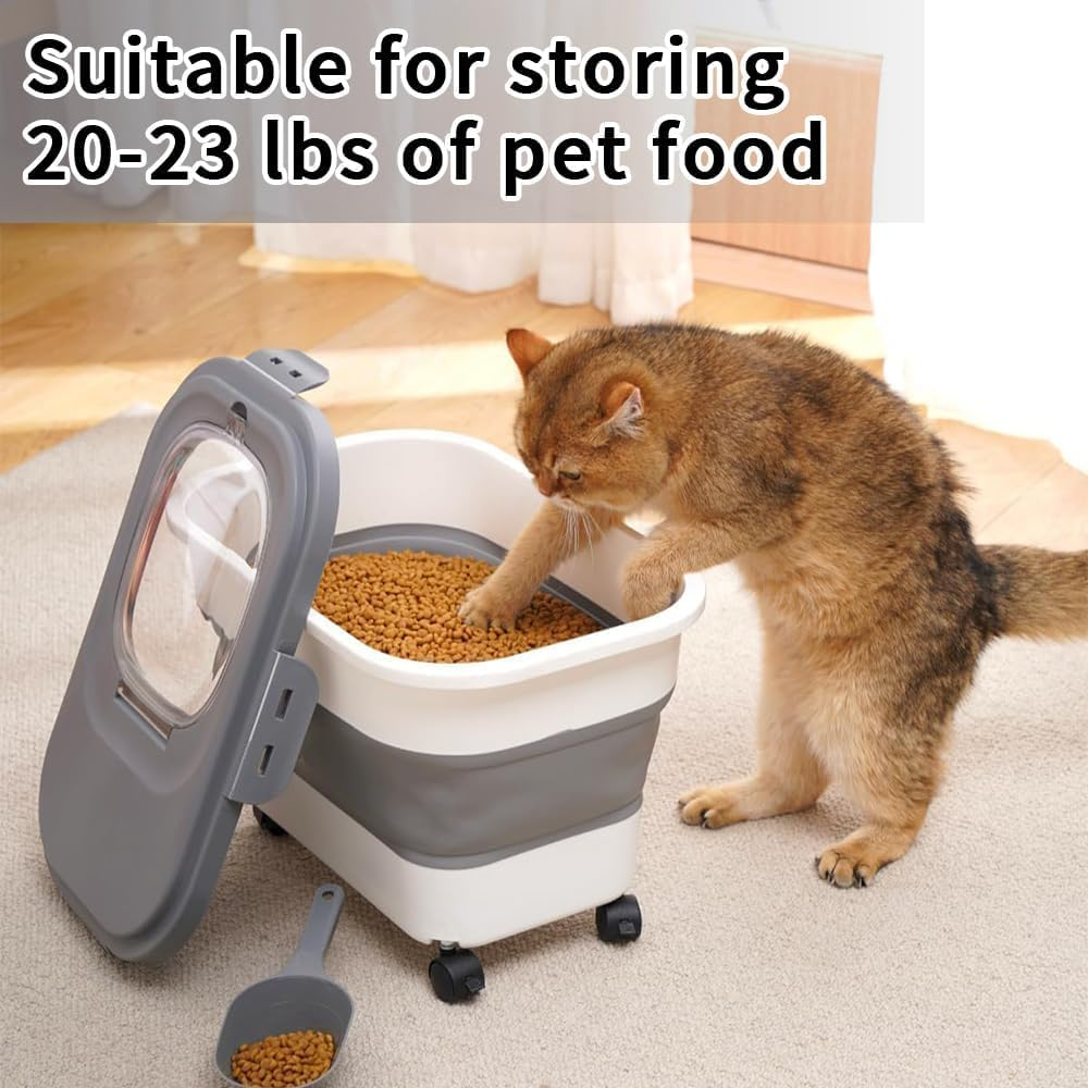 Pet Food Container, Collapsible and Moisture-Proof Dog Food Storage Container with Rolling Wheels, Scoop and Airtight Lid, Large Pet Food Storage for Dog, Cat, 42*28.5*32Ccm, Grey image number 5