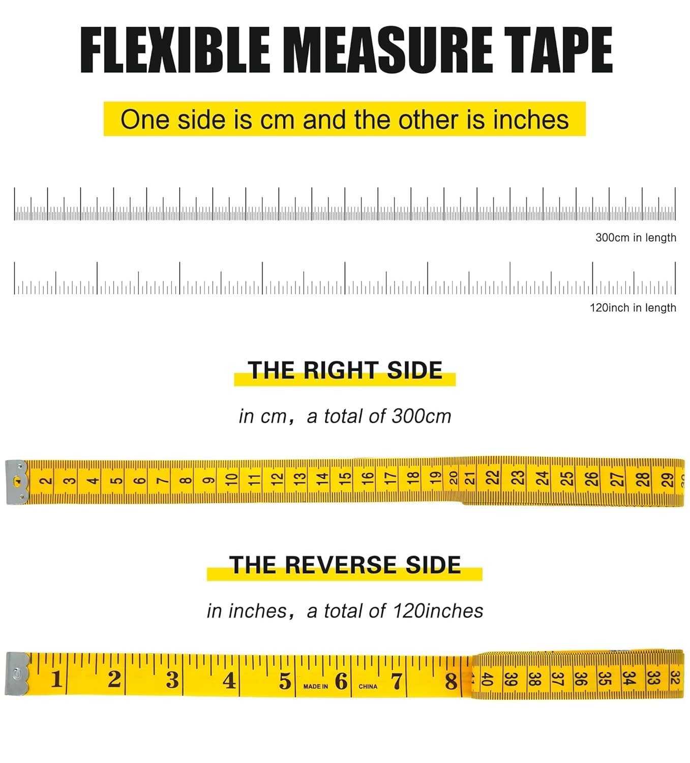 YBVABE 300Cm Measuring Tape for Body, 2PCS Double Scale Soft Tape Measure Body Sewing Flexible for Weight Loss Medical Body Measurement Sewing Tailor Craft Vinyl, Has Inches Scale on Reverse Side image number 2