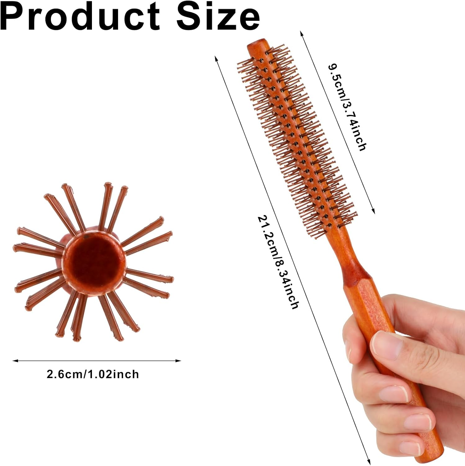 Small round Brush for Blow Drying, Hair Brush with Wooden Handle, Nylon Bristles for Wet Hair, Bangs, Beard, Styling, Lifting, Curling image number 4