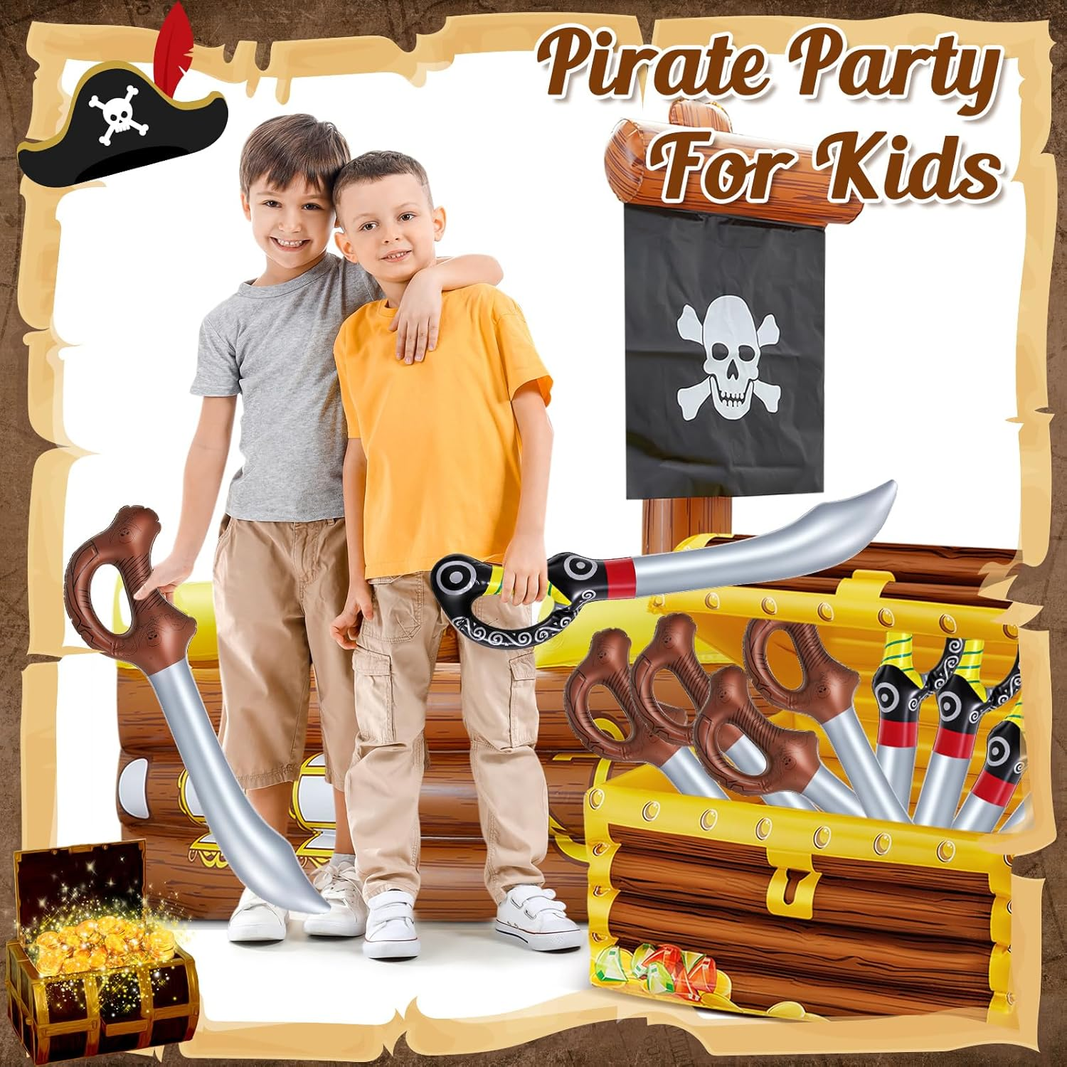 Cunhill 14 Pcs Inflatable Pirate Ship Drink Cooler Treasure Chest Set Party Decoration 1 PC Pirate Ship 1 PC Blow up Treasure Chest 12 Pcs Sword for Kid Birthday, Pool, Carnival Mardi Gras Party