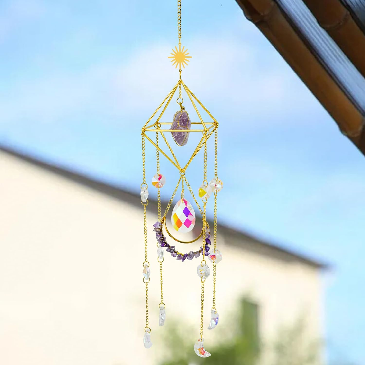 Mrmrkura Crystal Suncatcher for Windows Hanging with Chain, Gold Sun Catchers with Crystals Rainbow Maker Wind Chime Crystal Ornament for Home Indoor Decor (Amethyst) image number 5