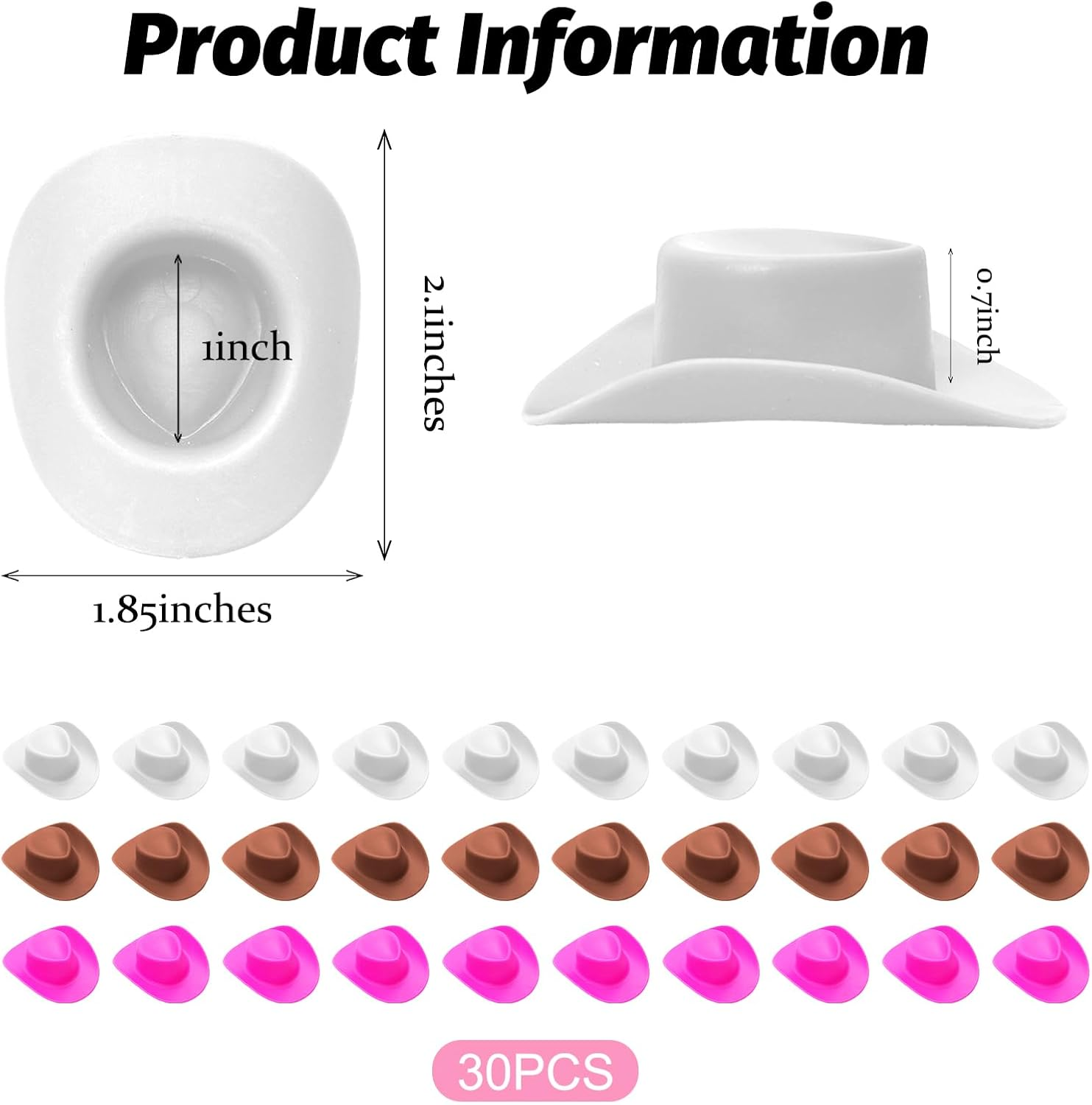 30 Pcs Plastic Mini Western Cowboy Hats Bulk Mini Cowgirl Cowboy Hats Small Cowboy Hats Cute Miniature Hat for Crafts Bottle Cake Party Decoration (White,Brown,Pink) image number 3