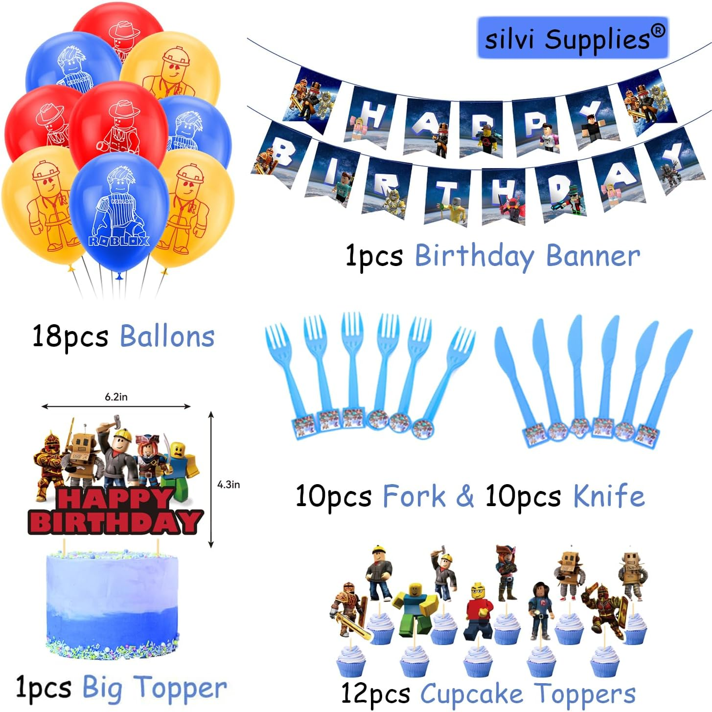 Roobox Birthday Decorations, Roobox Birthday Party Supplies for Video Game-Themed Party, Include Backdrop, Balloons, Banner, Cake Toppers,Cupcake Toppers image number 1