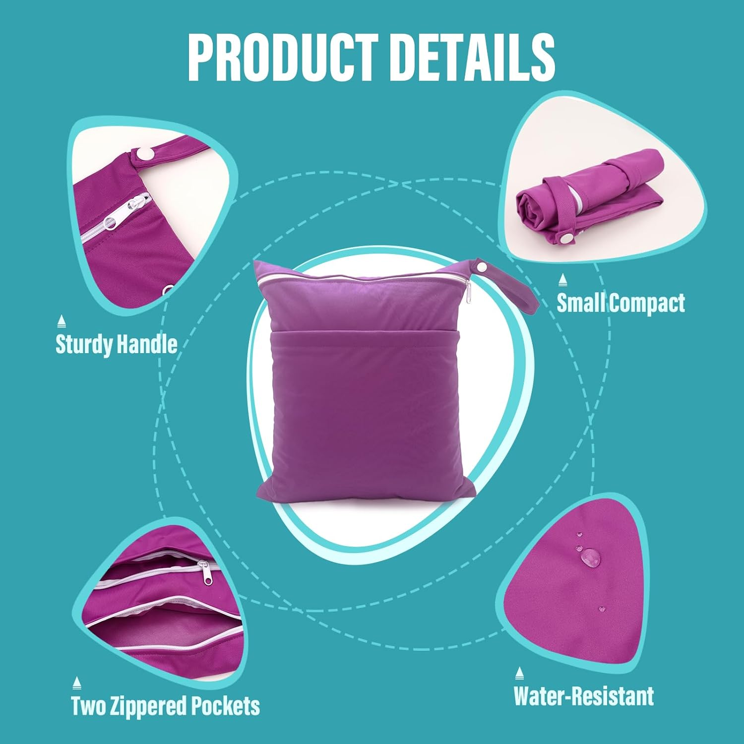 2 Pack Cloth Diaper Wet Bags - Double Zipper Pockets Waterproof Reusable Wet Dry Bag for Baby Diapers, Large Capacity with Wet Dry Separation (Green+Purple) image number 2