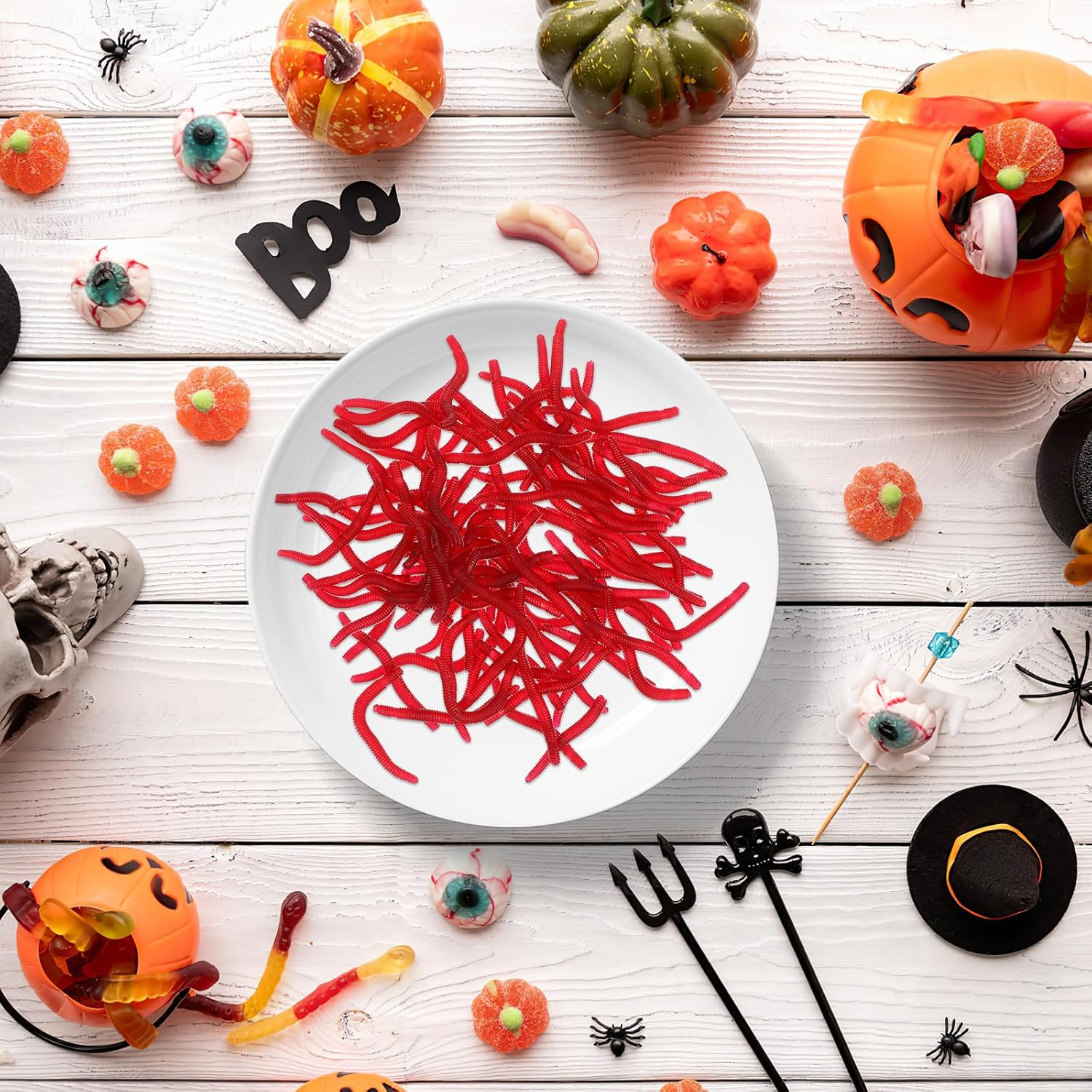 SAFIGLE 100Pcs Fishing Worms, Fake Earthworm Rubber Worms Fake Worms Faux Trick Toy, for Fishing Lures, Halloween April Fool'S Day Party image number 6