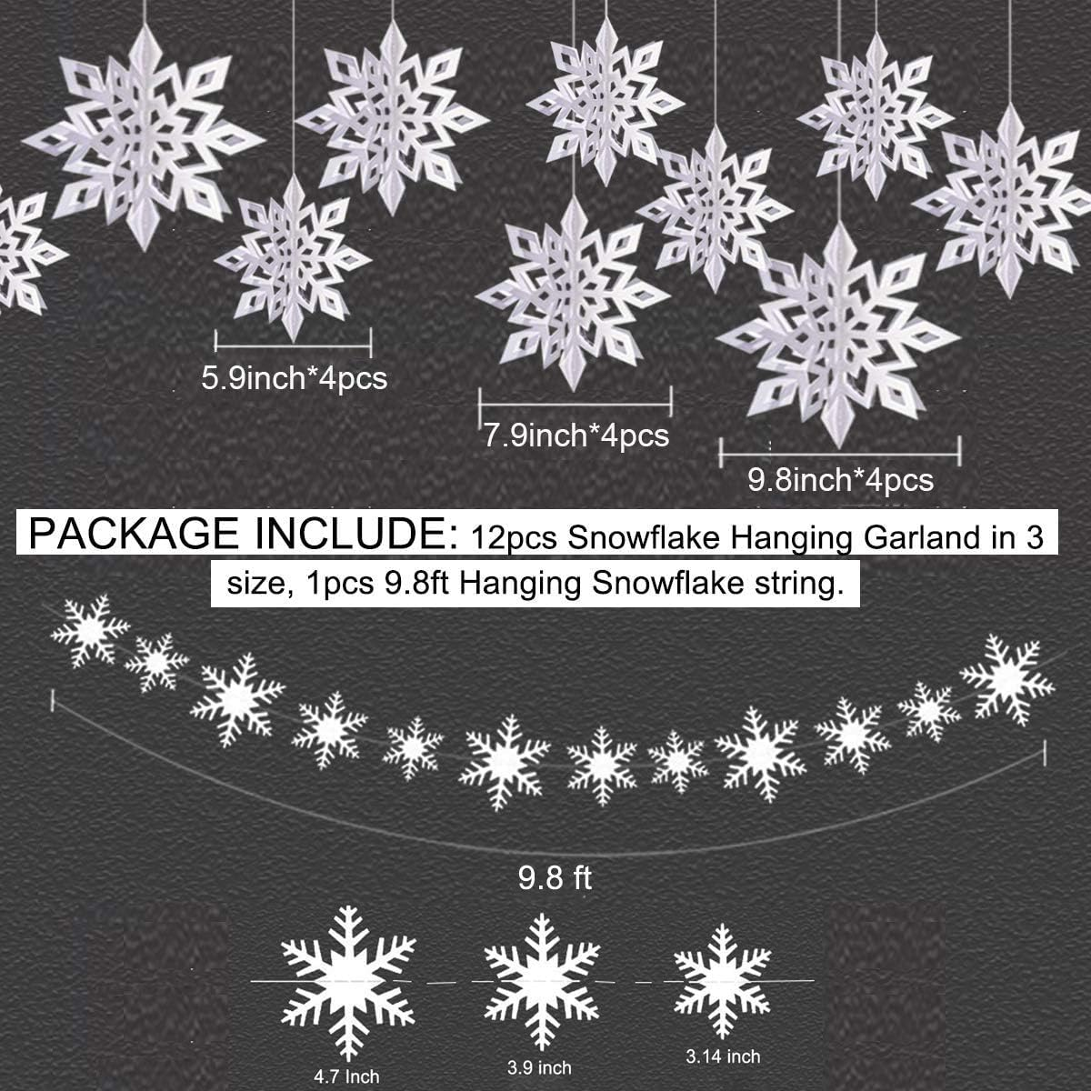 Winter Christmas Hanging Snowflake Decorations - 12PCS 3D Large White Snowflakes & 12PCS Paper Snowflakes Hanging Garland for Christmas Winter Wonderland Holiday New Year Party Home Decoration - White image number 2