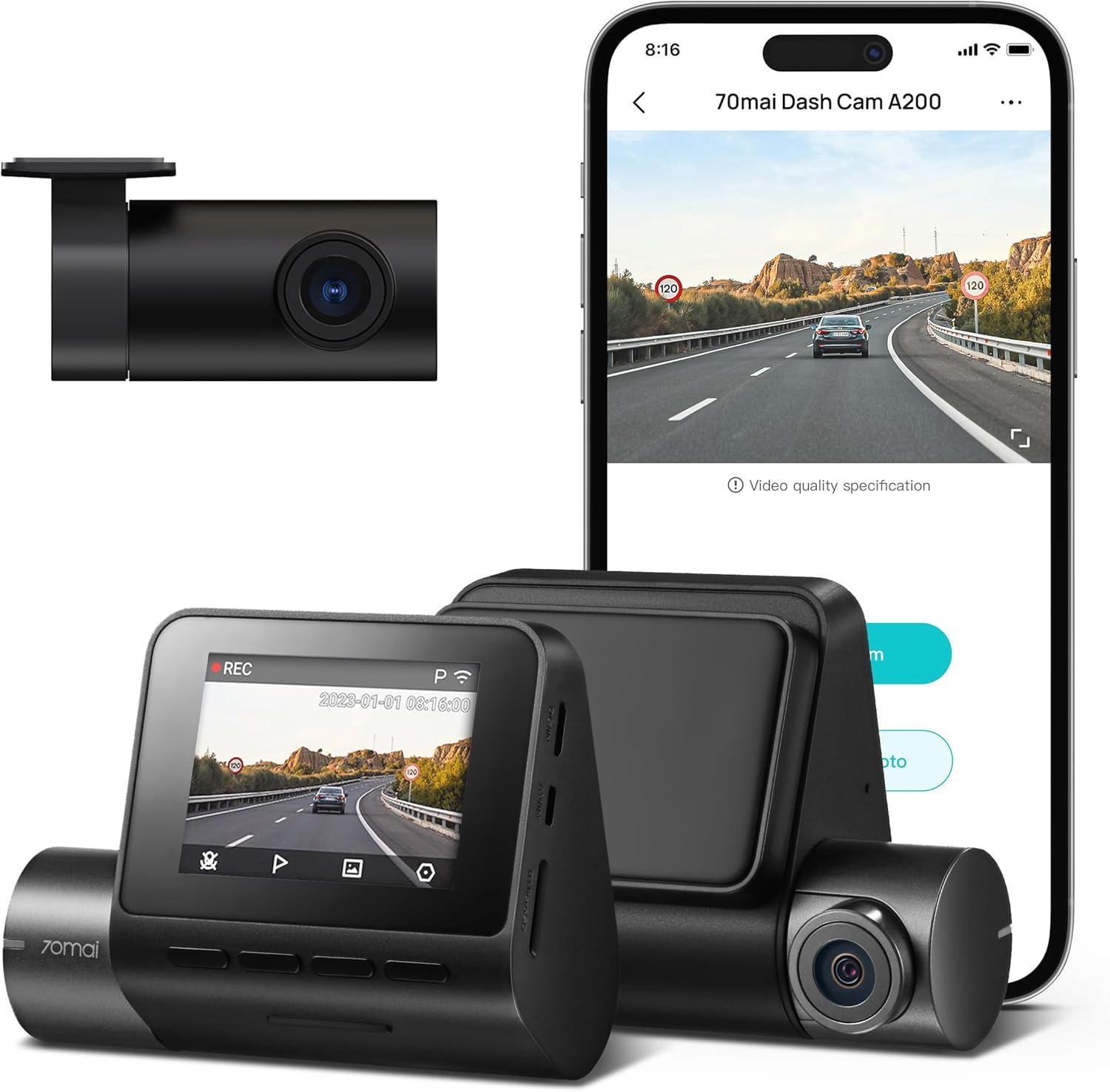 70Mai Smart Dash Cam A200, Front and Rear, Built-In Wifi GPS Smart Dash Camera for Cars, ADAS, HDR, 2'' IPS LCD Screen, Night Vision image number 3