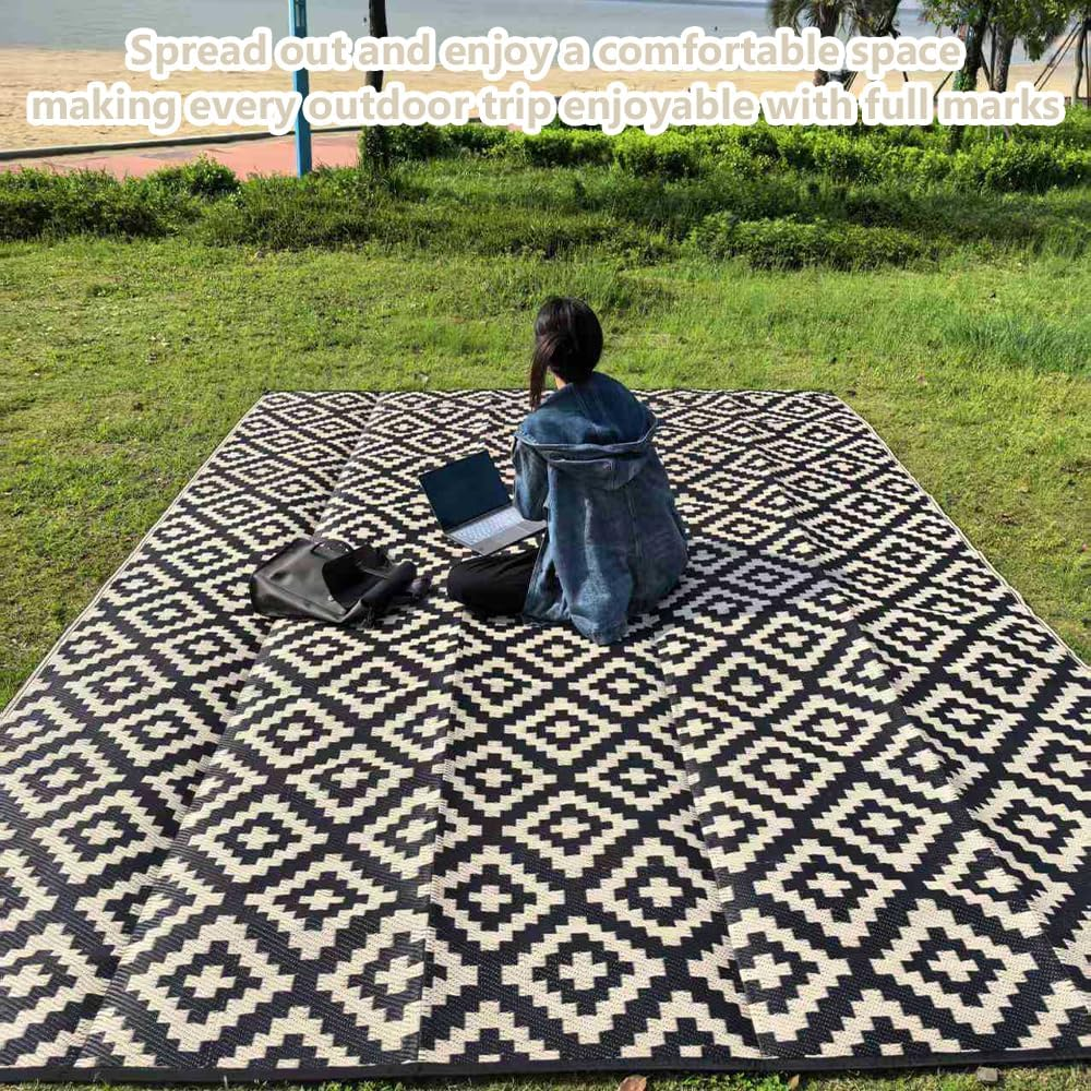 5X6 Ft Reversible Outdoor Rug, Waterproof Plastic Straw Mat for RV, Patio, Deck, Balcony, Camping, and Beach, Durable & Portable Carpet for Backyard or Porch (Black and Beige) image number 2