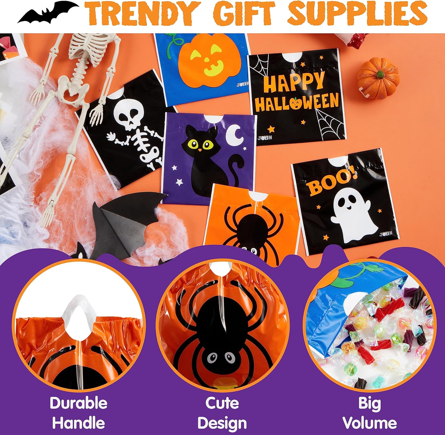 JOYIN 96 Pcs Halloween Drawstring Treat Bags for Trick-Or-Treating, 6"X6" Halloween Goodie Candy Bags, Classroom Party Favor Supplies