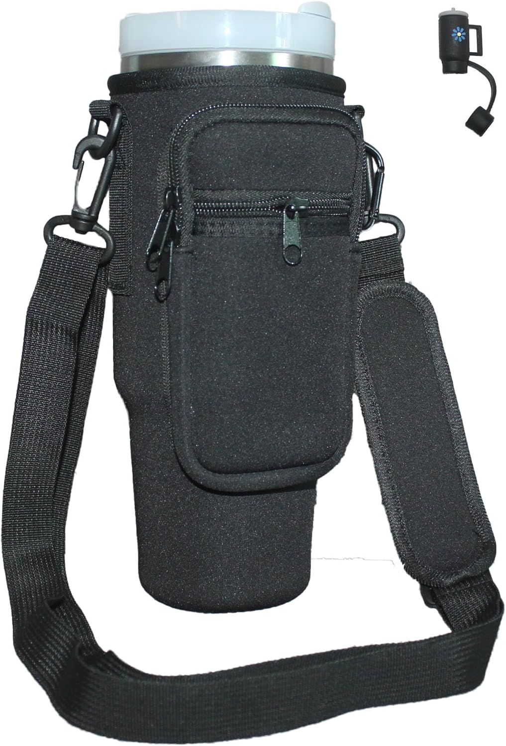 Water Cup Holder Bag for 40Oz Stanley Quencher H2.0 & Adventure Tumbler, Made of Neoprene Durable Fabric with Adjustable Shoulder Strap and Come with One Straw Cover (Black) image number 5