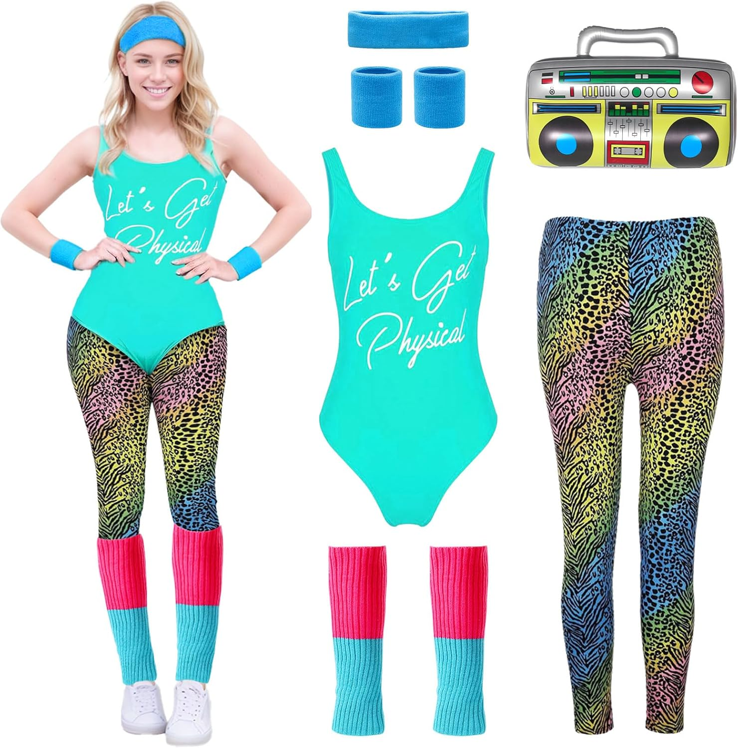 80S Costume Women 80S Workout Costume 70S 90S Retro Tracksuit with Vest Bottoms Leg Warmers Inflatable Radio Wrist Wraps Headband Set for 1980 Retro Parties Hen Do Parties Ladies image number 6