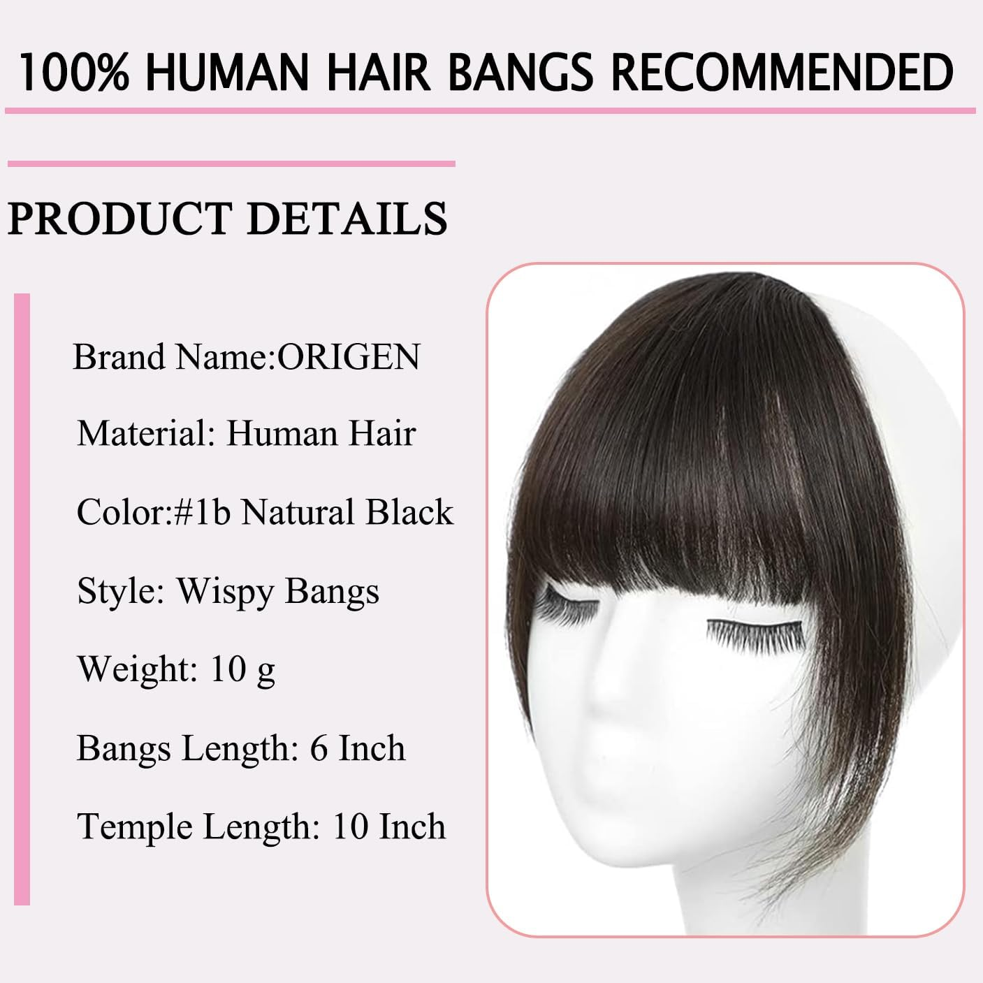 ORIGEN Real Human Hair Clip in Bangs, Brown Black, WIG, Straight, Strikes - Brown Black Coloir image number 4
