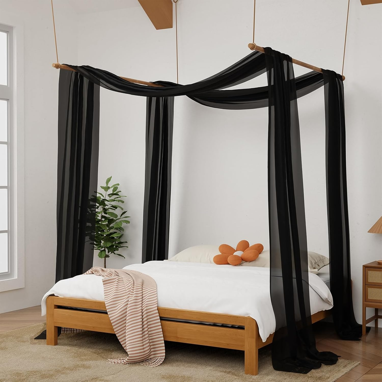 Canopy Bed Curtains - 2 Panel Curtains for Bed in 52 X 144 Inches Black Sheer Scarf Luxury Sheer Curtains for Adults Girls Room Decor(Twin,Black) image number 2