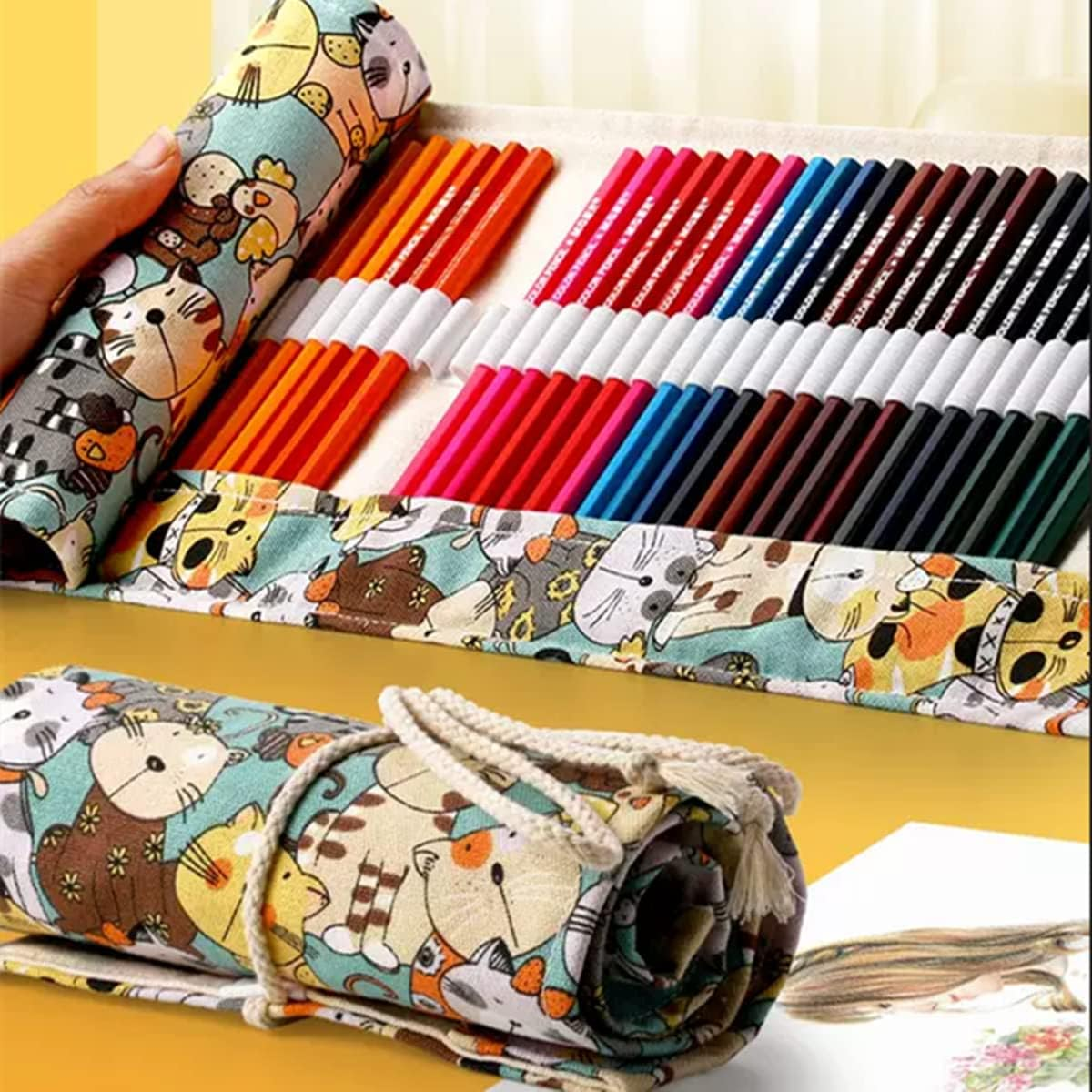 Roll up Pencil Case, Handmade Canvas Pencil Organizer, Foldable Multiuse Roll up Pencil Case (72 Slots) image number 2