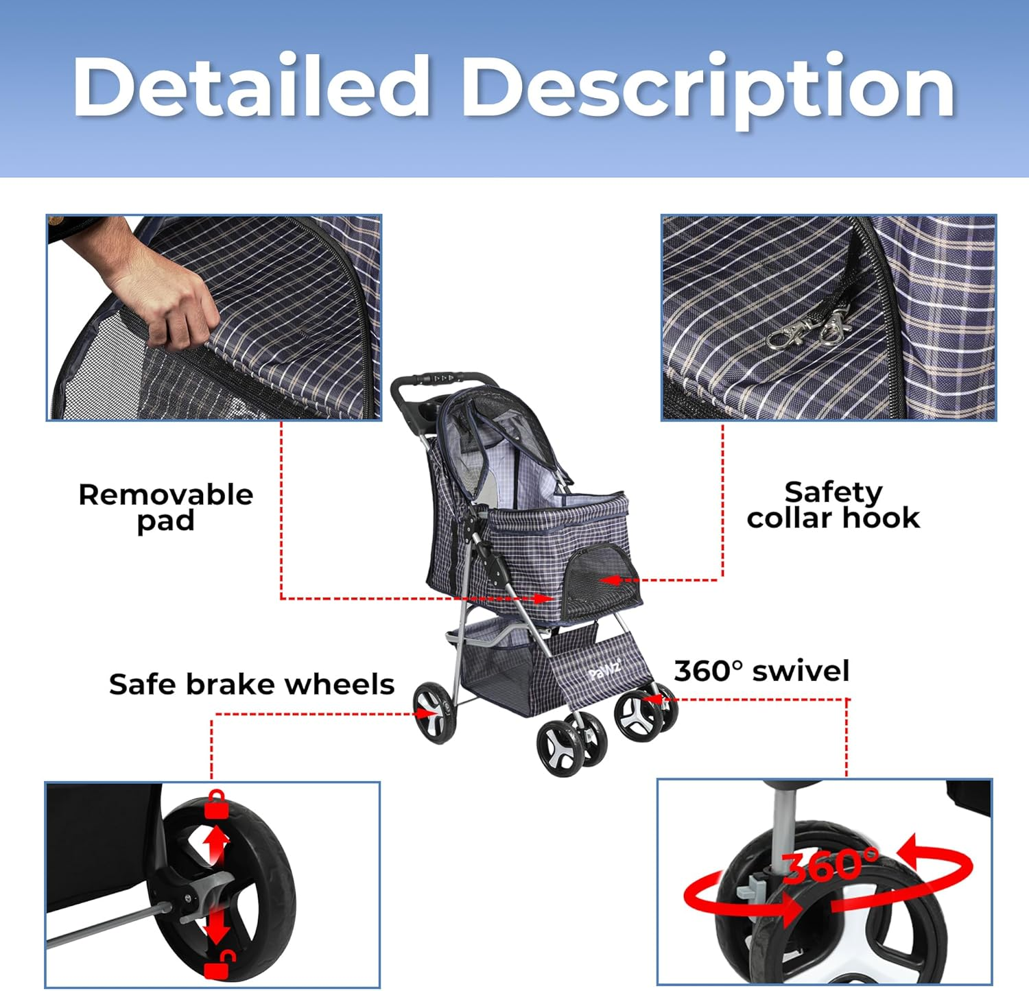 Pawz Large Pet Stroller Dog Cat Carrier Travel Pushchair Foldable Pram 4 Wheels, Travel Pet Pram with Seat Belts Buckle, Removable Cushion Dog Car Seat, Puppy Pushchair with Coffee Cup Holder image number 6