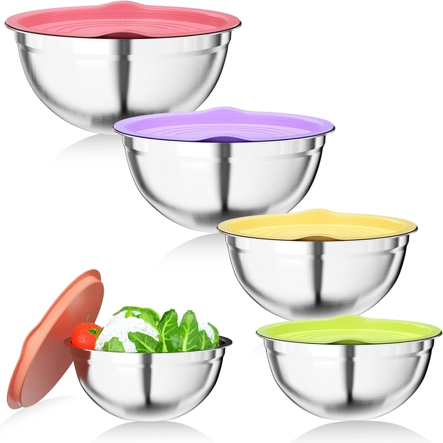 Mixing Bowl Set of 5, Stainless Steel Mixing Bowls with Airtight Multicolord Lids, Salad Bowls Size 4.5L/3.5L/2.5L/2L/1.4L,Multifunctional Bowls with Lids for Baking,Cooking,Food Prep image number 4