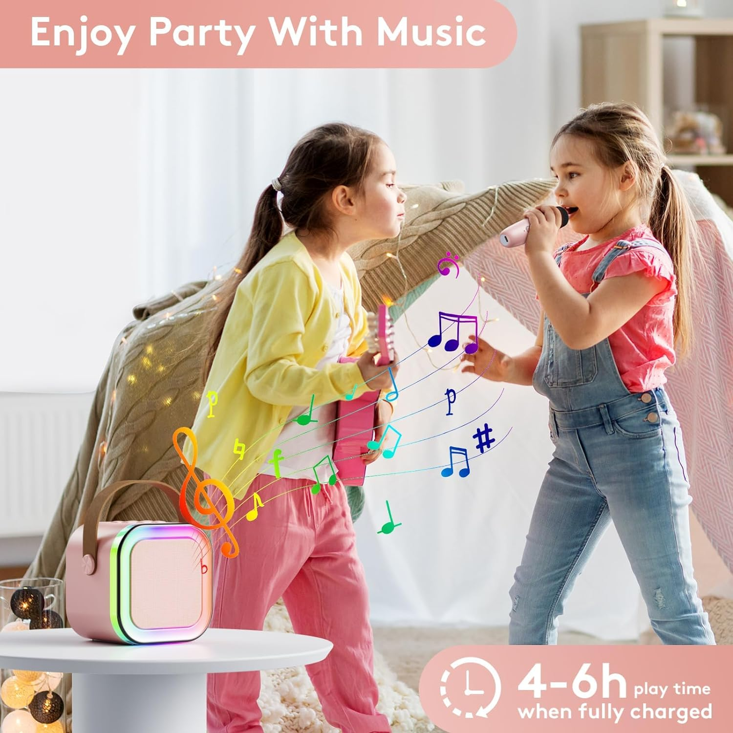 Mini Karaoke Machine for Kids and Adults, Kids Toy Gifts Karaoke Microphones, Portable Bluetooth Speaker with 2 Wireless Mics, Karaokee with LED Lights for Home Party Birthday (Pink) image number 3