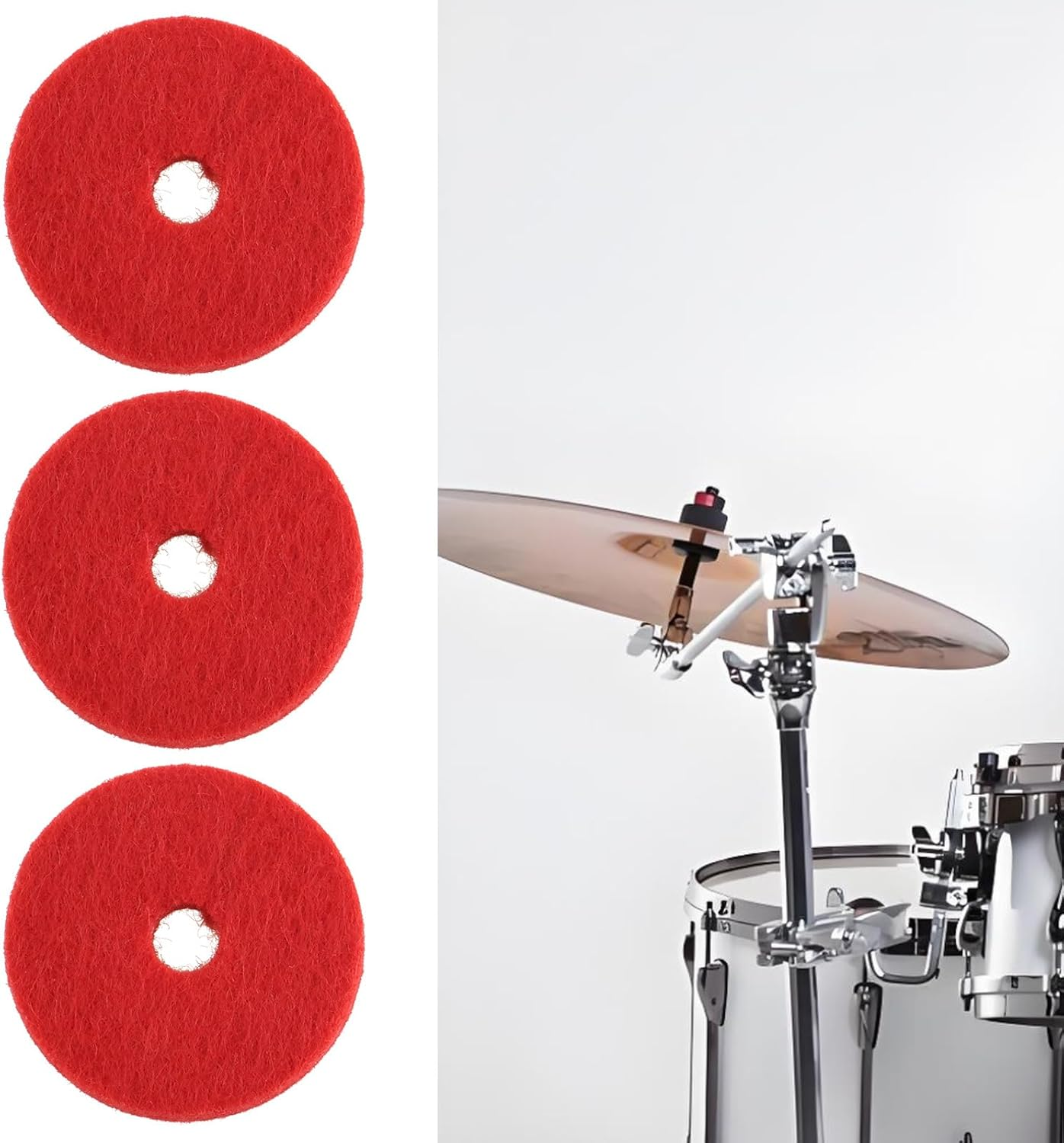 12Pcs Wool Cymbal Felts 40Mm Jazz Drum Felt Pads Red round Soft Felt Washers Cymbal Stand Replacement Felt Pads for Drum Set Thickness 10Mm