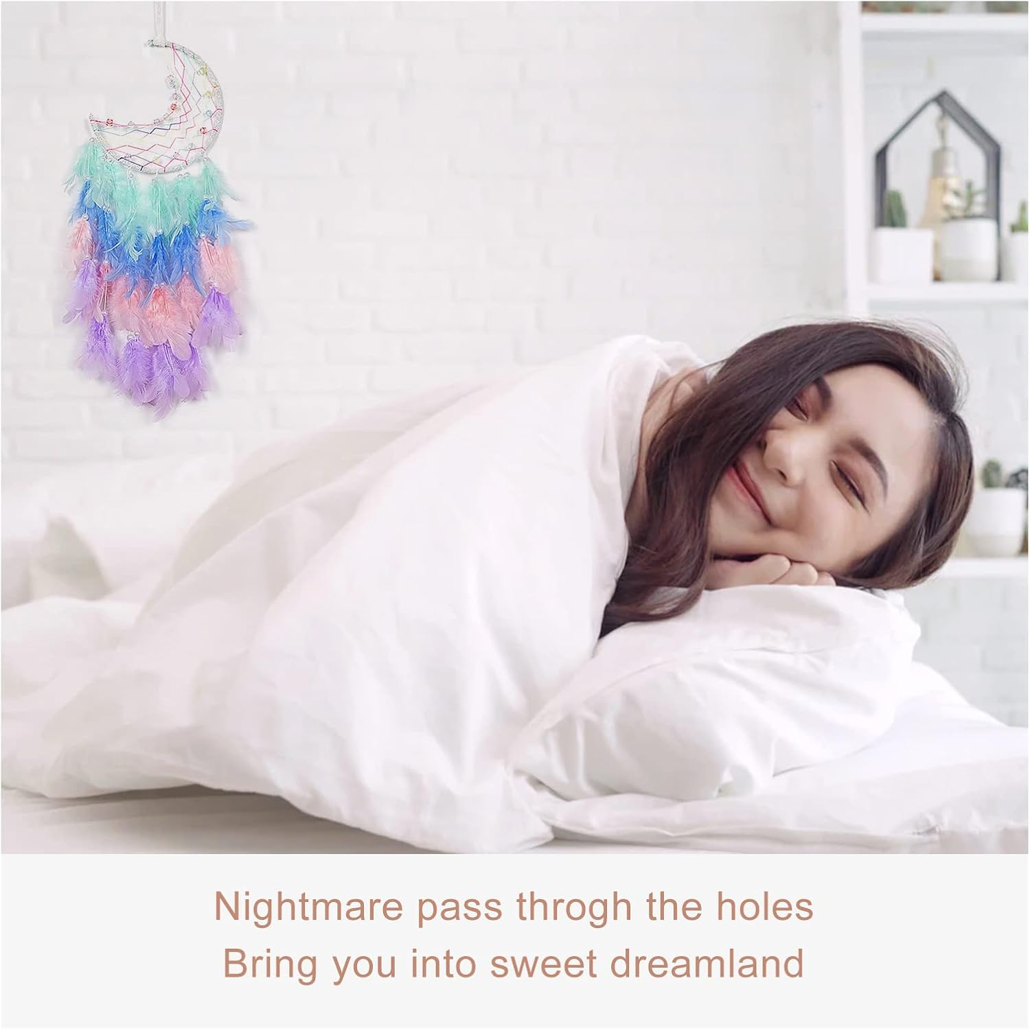 Funincrea Dream Catcher Half Moon Dream Catcher with Feathers Handmade Indian Style Wall Hanging for Living Room Bedroom Dorm (Green) - Black image number 6