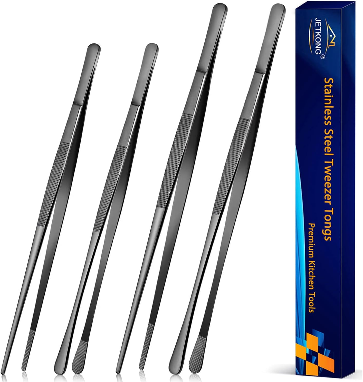 JETKONG 4 Pcs Kitchen Tweezers Professional Stainless Steel Cooking Tweezers Set, Black Kitchen Food Tweezer Tongs for Cooking, Repairing, and BBQ (10+12-Inch, Black) image number 1