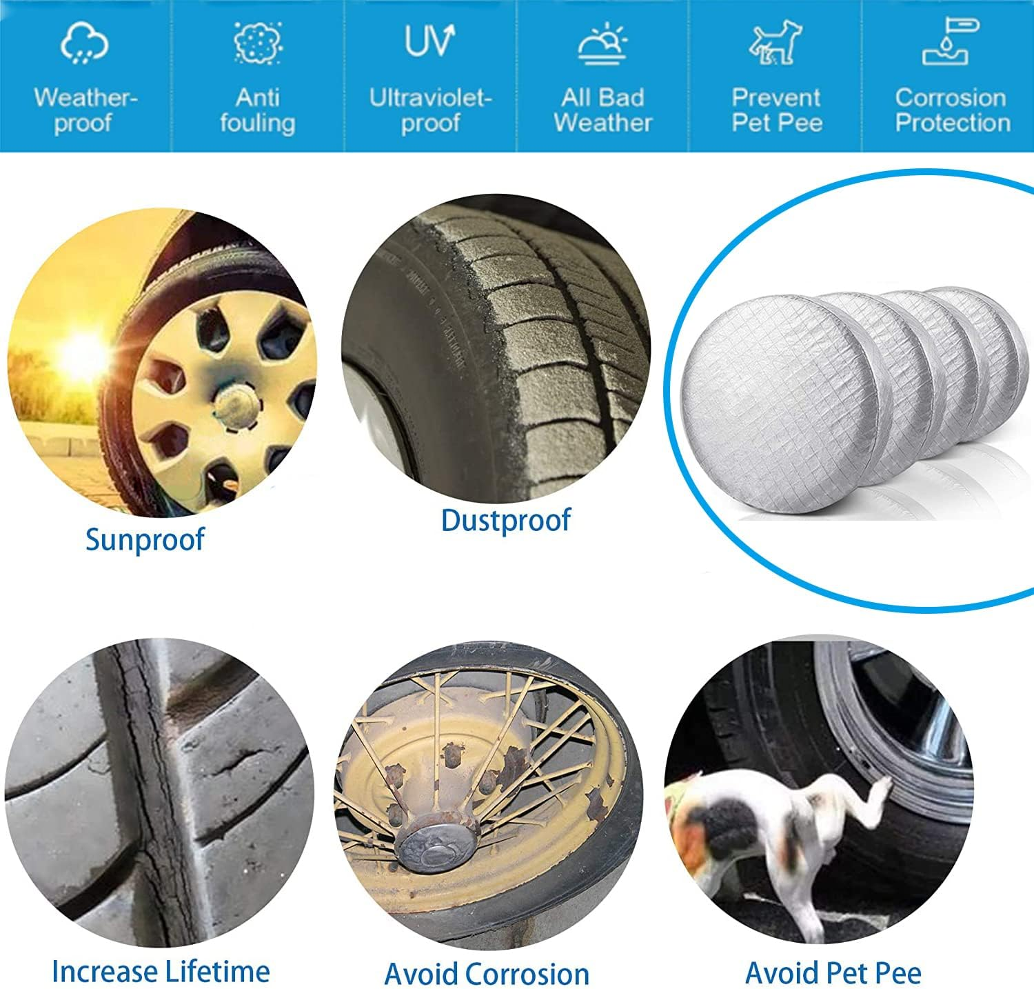 Tire Covers,4Pcs Tire Cover Waterproof Dustproof Aluminum Film Anti‑Uv Tyre Spare Wheel Protector with Hooks for Car RV SUV Truck Trailer,Fit 30-32 Inch Tire Diameter/Silver image number 3
