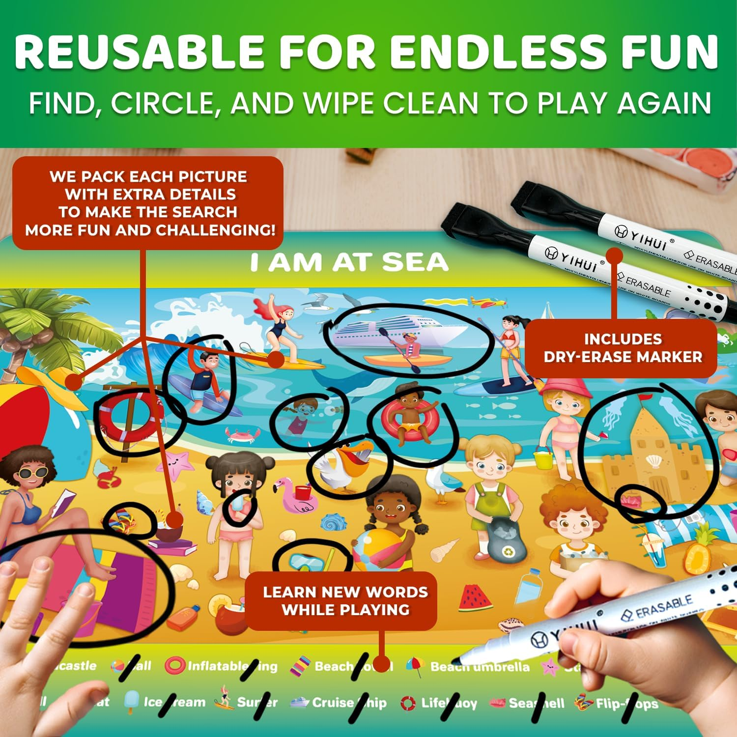 QUOKKA Search and Find Activity Cards for Kids 3-8 &ndash; Reusable Mats with Dry-Erase Marker, Explore 20 Topics, Road Trip Activities, and Travel Games for Kids Ages 3-5, Educational Toy for Preschoolers