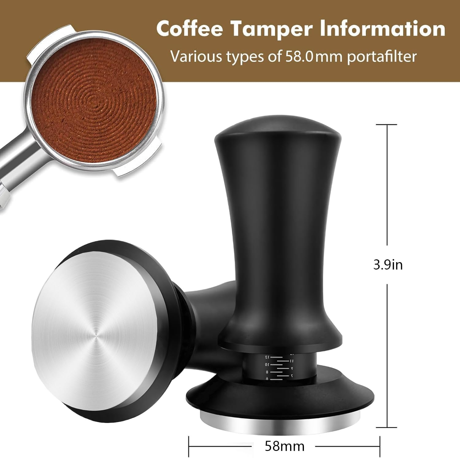 58Mm Coffee Tamper, Calibrated Spring Loaded Tamper, Stainless Steel Espresso Tamper, Espresso Hand Tamper with Scale, for Espresso Machine Compatible with 58Mm Portafilter image number 6